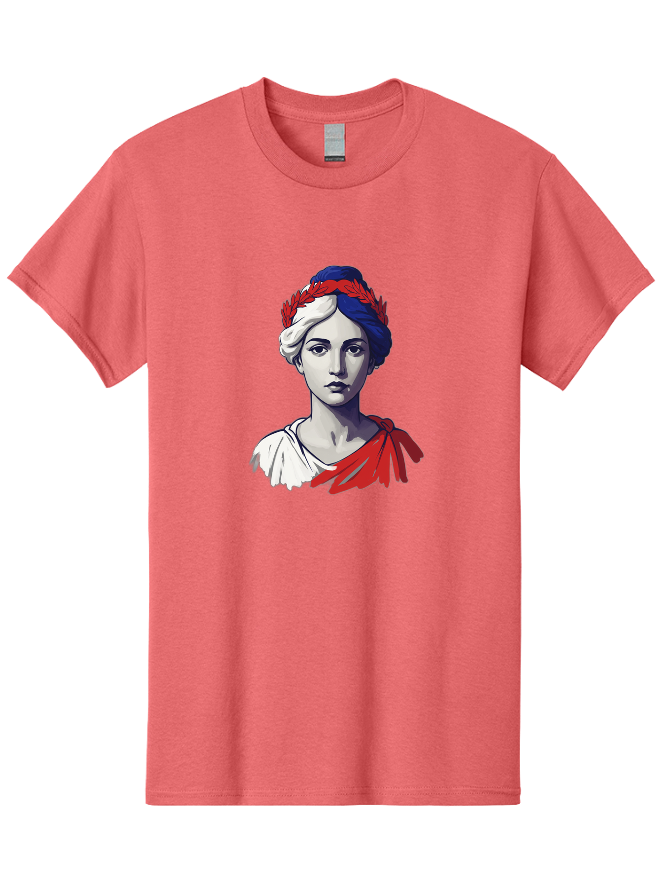 Marianne Men'S Graphic Tee, 100% Cotton, Comfortable Casual Summer Wear, Machine Washable, Woman Wearing Red Laurel Wreath, Red Ribbon, French Flag Colors, Symbolic Figure, National Personification, Liberty, French Culture, Classic Portrait, Bad299