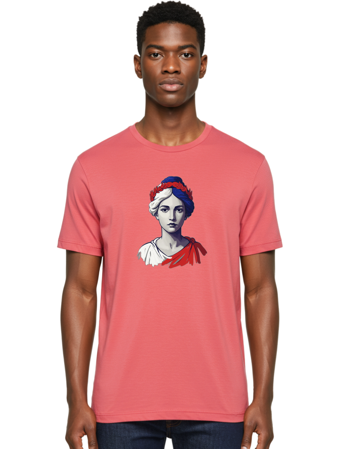 Marianne Men'S Graphic Tee, 100% Cotton, Comfortable Casual Summer Wear, Machine Washable, Woman Wearing Red Laurel Wreath, Red Ribbon, French Flag Colors, Symbolic Figure, National Personification, Liberty, French Culture, Classic Portrait, Bad299