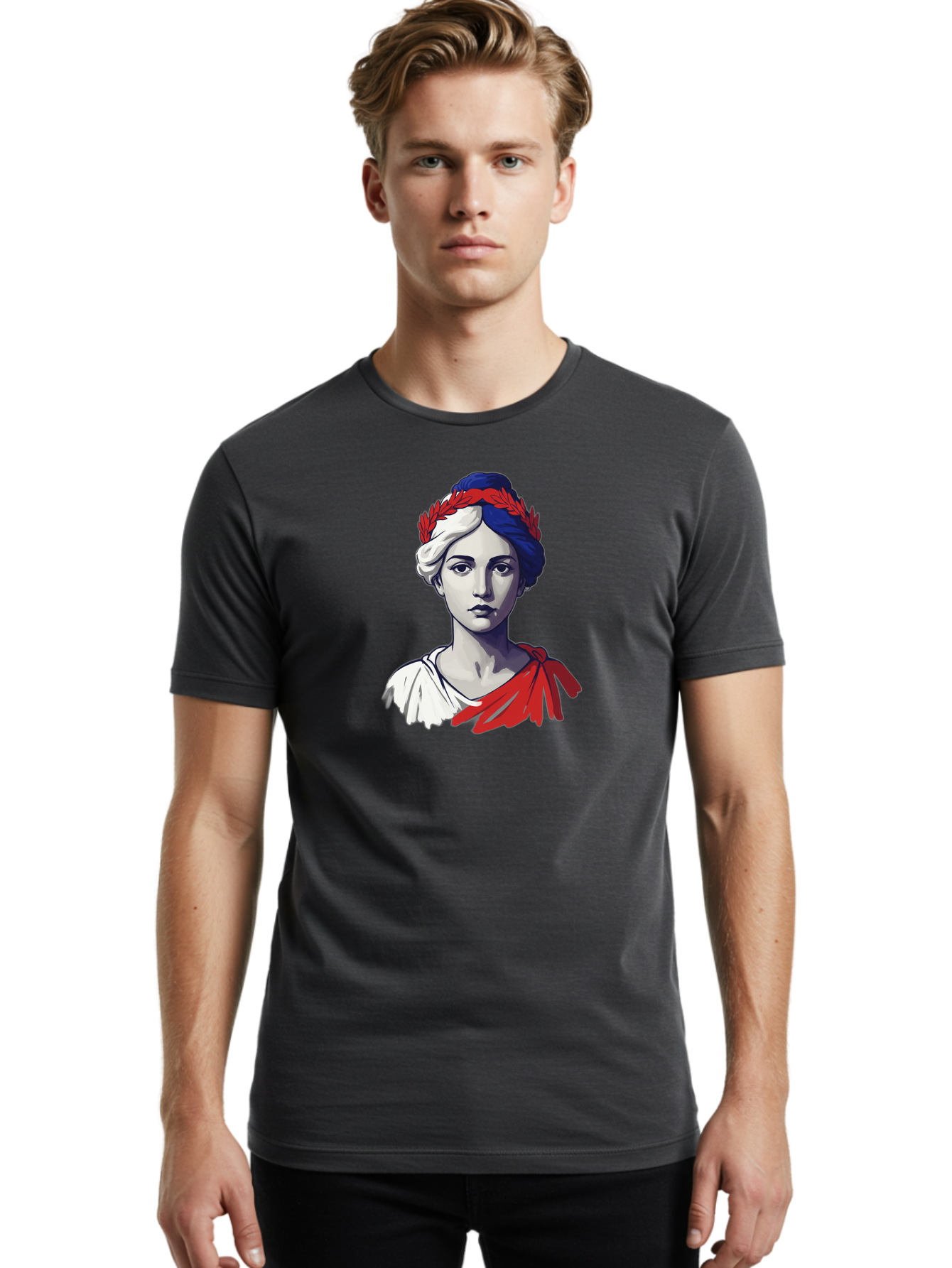 Marianne Men'S Graphic Tee, 100% Cotton, Comfortable Casual Summer Wear, Machine Washable, Woman Wearing Red Laurel Wreath, Red Ribbon, French Flag Colors, Symbolic Figure, National Personification, Liberty, French Culture, Classic Portrait, Bad299