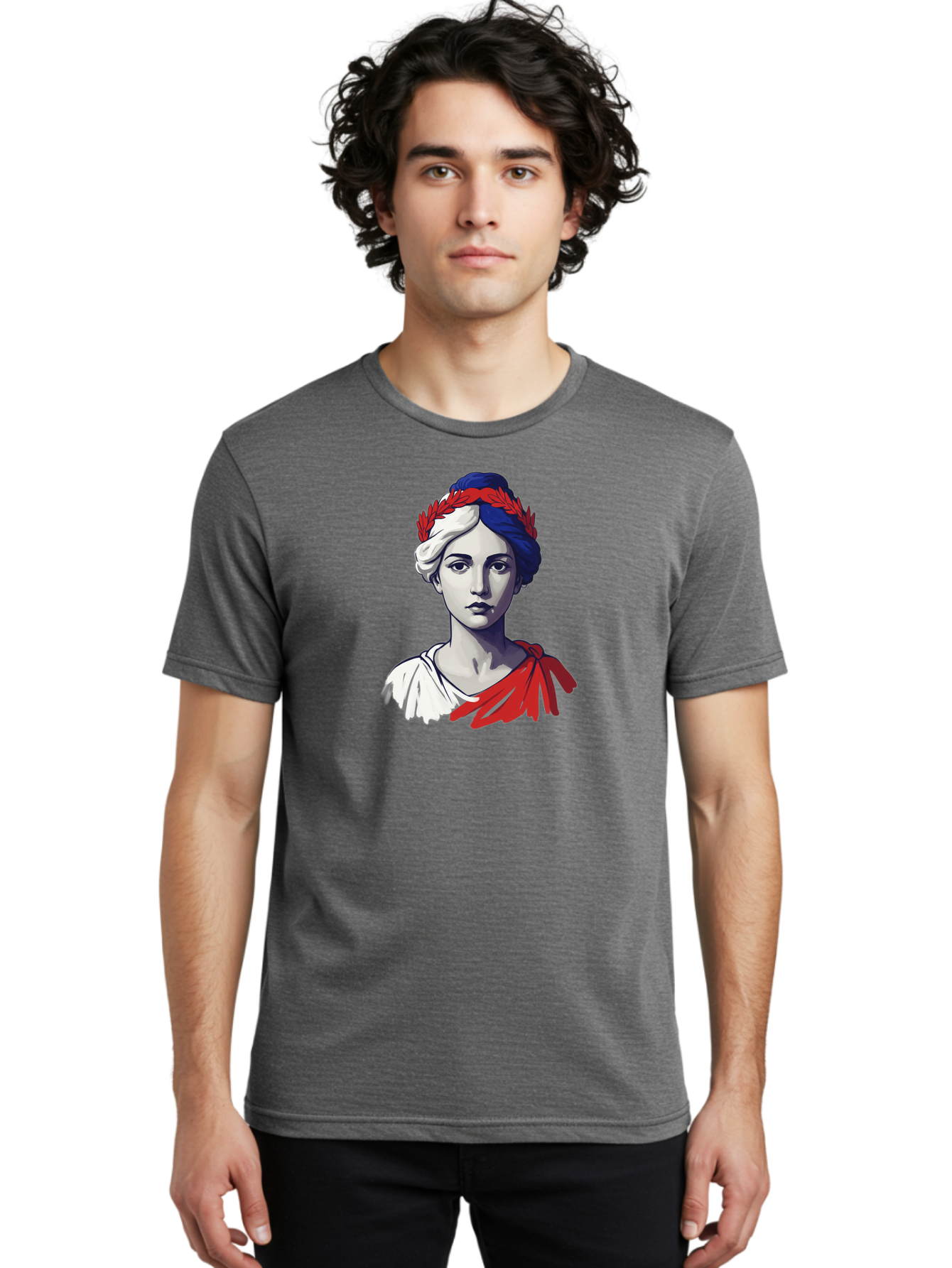 Marianne Men'S Graphic Tee, 100% Cotton, Comfortable Casual Summer Wear, Machine Washable, Woman Wearing Red Laurel Wreath, Red Ribbon, French Flag Colors, Symbolic Figure, National Personification, Liberty, French Culture, Classic Portrait, Bad299