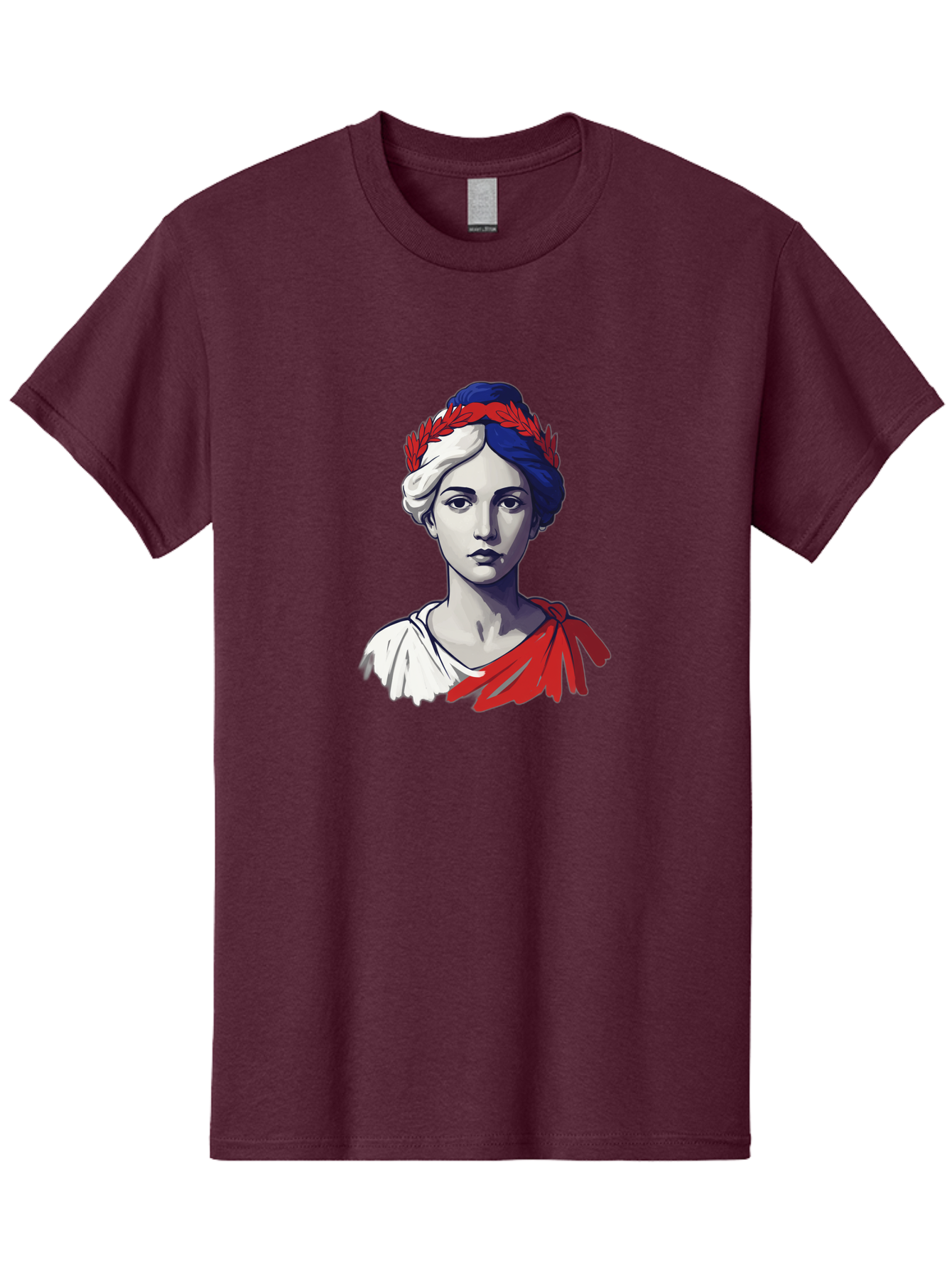 Marianne Men'S Graphic Tee, 100% Cotton, Comfortable Casual Summer Wear, Machine Washable, Woman Wearing Red Laurel Wreath, Red Ribbon, French Flag Colors, Symbolic Figure, National Personification, Liberty, French Culture, Classic Portrait, Bad299