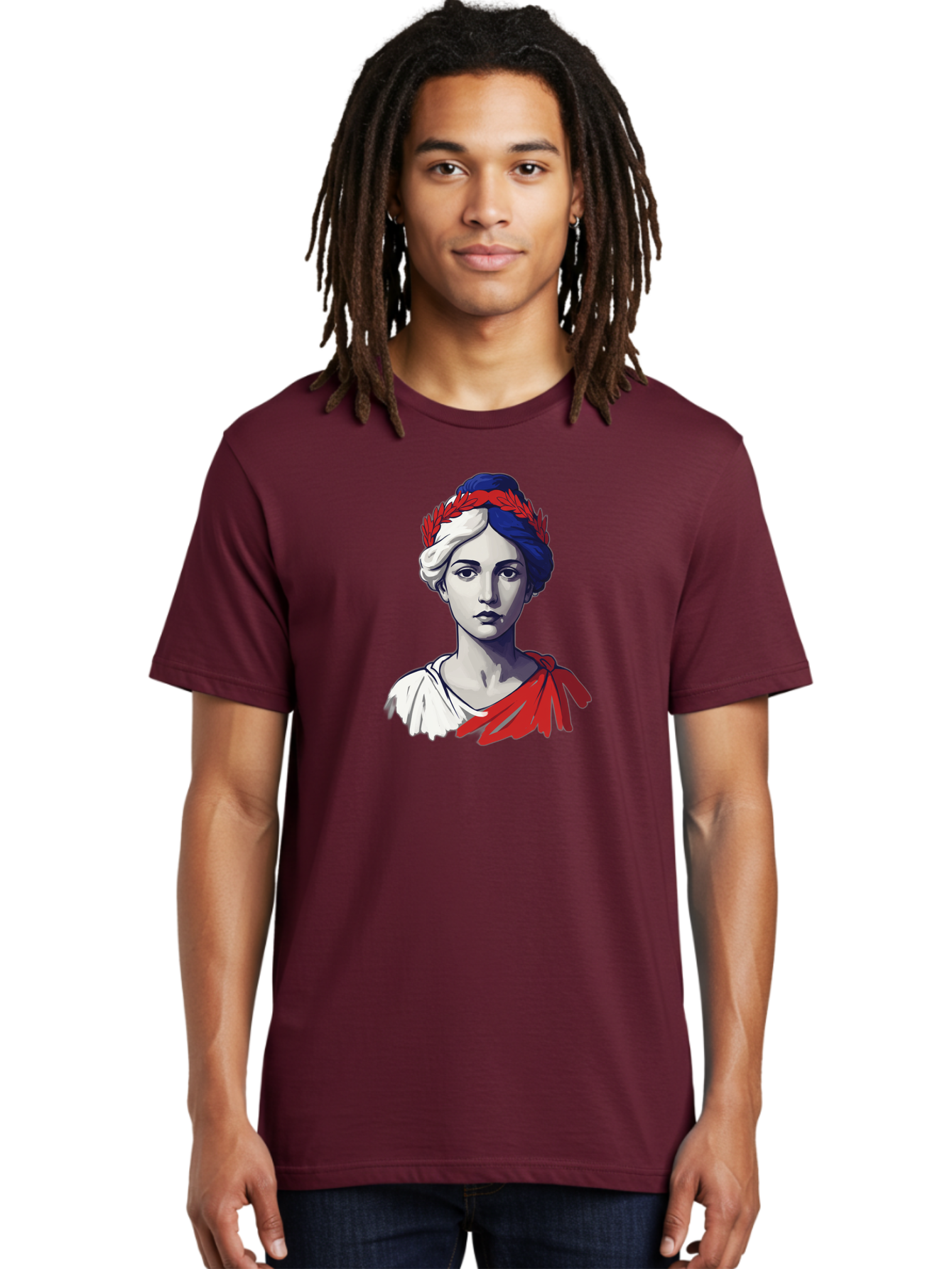 Marianne Men'S Graphic Tee, 100% Cotton, Comfortable Casual Summer Wear, Machine Washable, Woman Wearing Red Laurel Wreath, Red Ribbon, French Flag Colors, Symbolic Figure, National Personification, Liberty, French Culture, Classic Portrait, Bad299