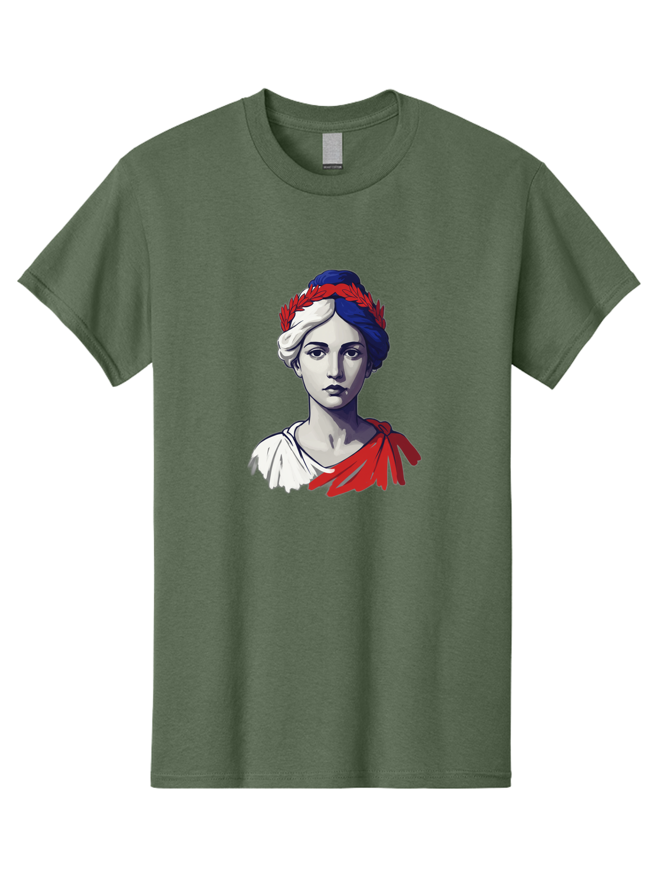 Marianne Men'S Graphic Tee, 100% Cotton, Comfortable Casual Summer Wear, Machine Washable, Woman Wearing Red Laurel Wreath, Red Ribbon, French Flag Colors, Symbolic Figure, National Personification, Liberty, French Culture, Classic Portrait, Bad299