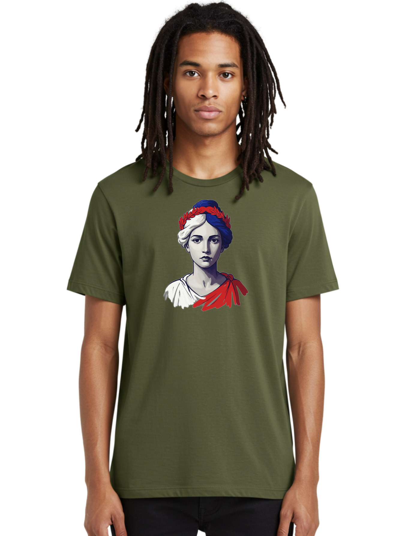 Marianne Men'S Graphic Tee, 100% Cotton, Comfortable Casual Summer Wear, Machine Washable, Woman Wearing Red Laurel Wreath, Red Ribbon, French Flag Colors, Symbolic Figure, National Personification, Liberty, French Culture, Classic Portrait, Bad299