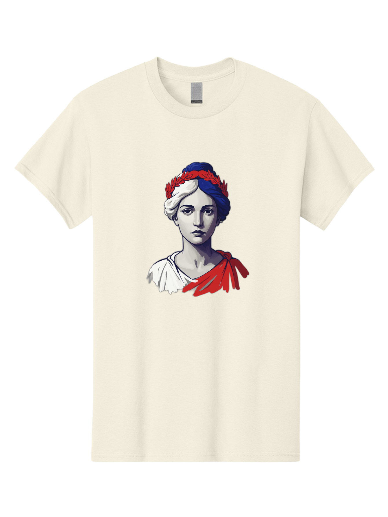 Marianne Men'S Graphic Tee, 100% Cotton, Comfortable Casual Summer Wear, Machine Washable, Woman Wearing Red Laurel Wreath, Red Ribbon, French Flag Colors, Symbolic Figure, National Personification, Liberty, French Culture, Classic Portrait, Bad299
