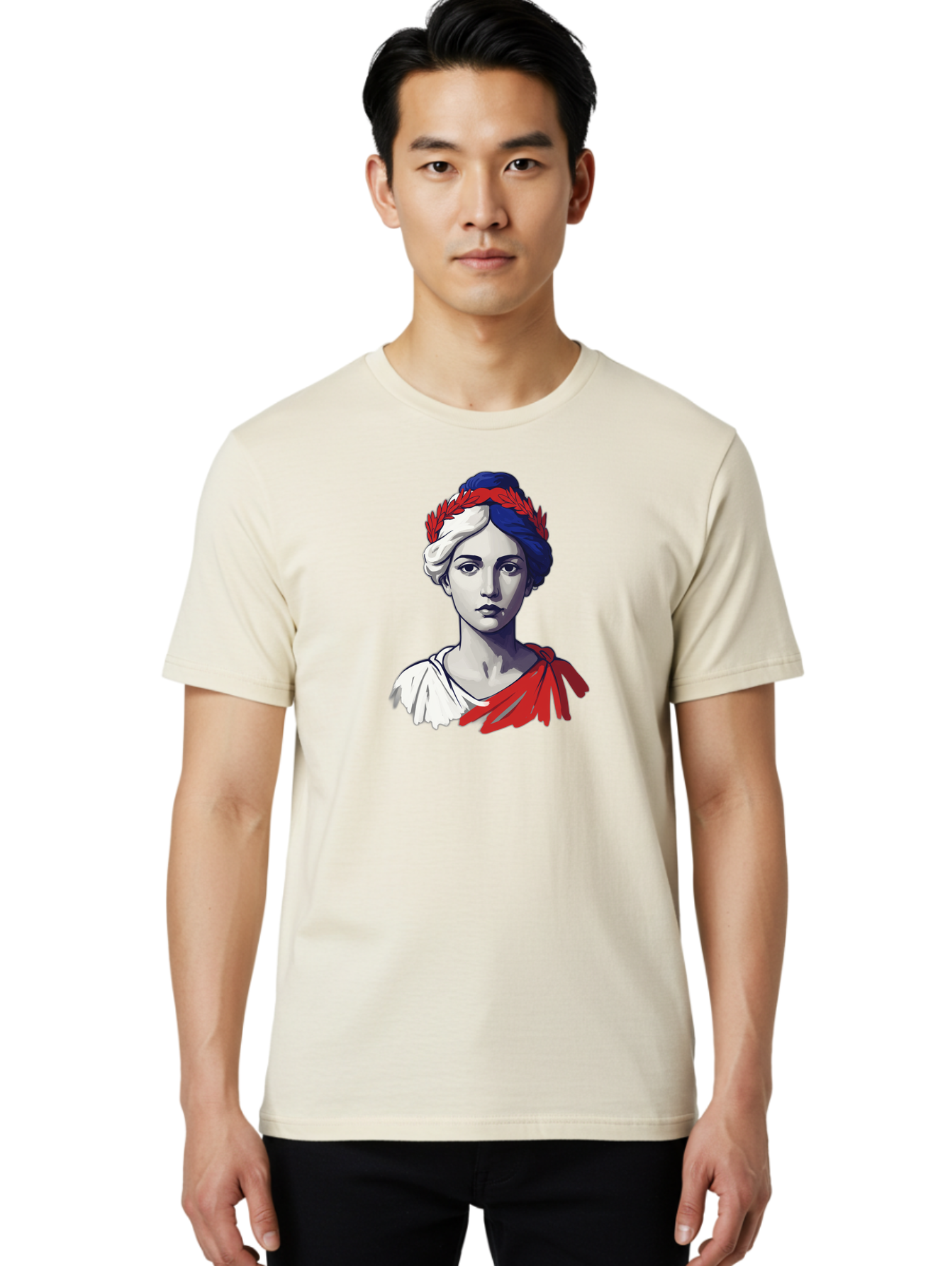 Marianne Men'S Graphic Tee, 100% Cotton, Comfortable Casual Summer Wear, Machine Washable, Woman Wearing Red Laurel Wreath, Red Ribbon, French Flag Colors, Symbolic Figure, National Personification, Liberty, French Culture, Classic Portrait, Bad299