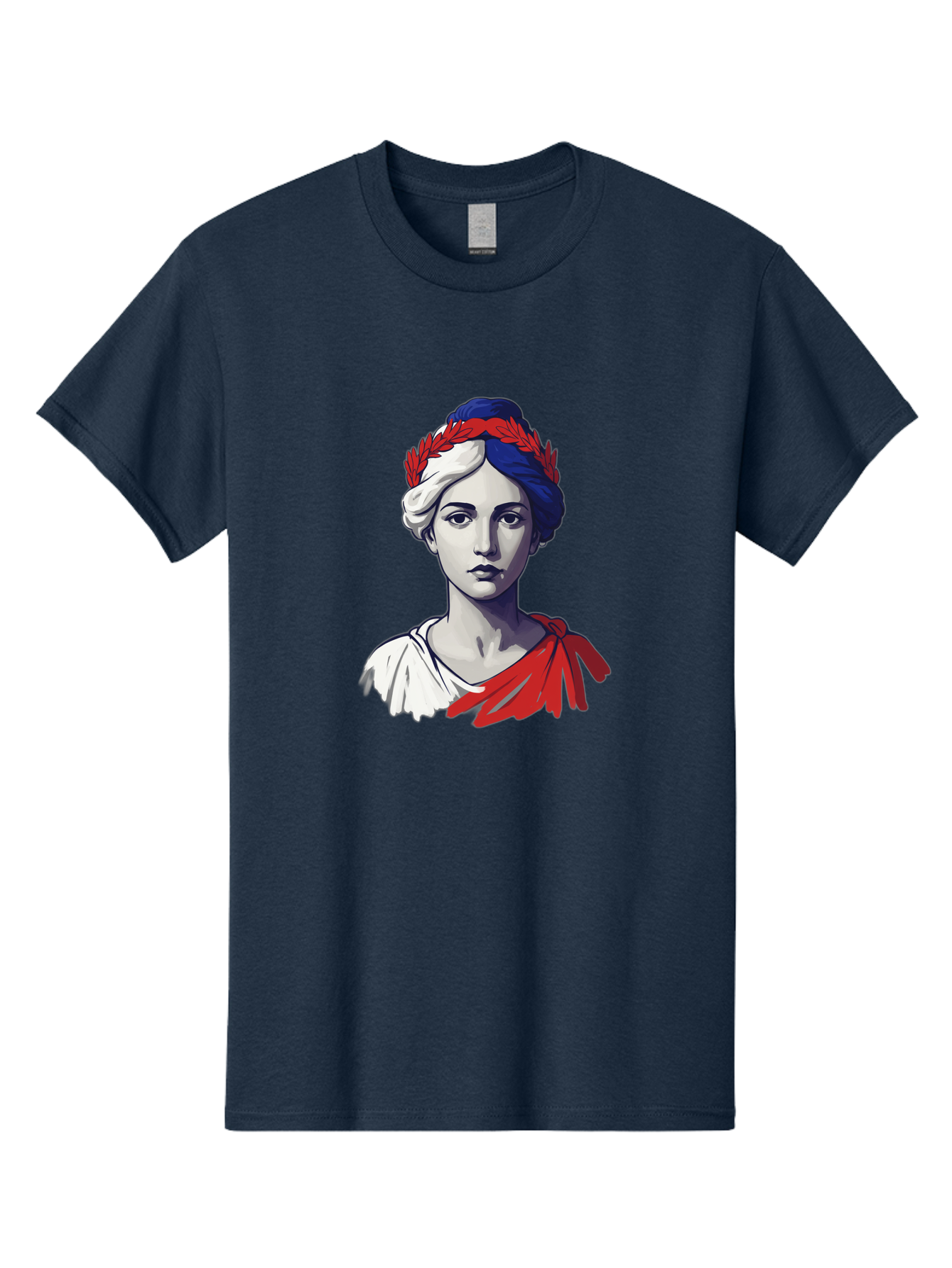 Marianne Men'S Graphic Tee, 100% Cotton, Comfortable Casual Summer Wear, Machine Washable, Woman Wearing Red Laurel Wreath, Red Ribbon, French Flag Colors, Symbolic Figure, National Personification, Liberty, French Culture, Classic Portrait, Bad299