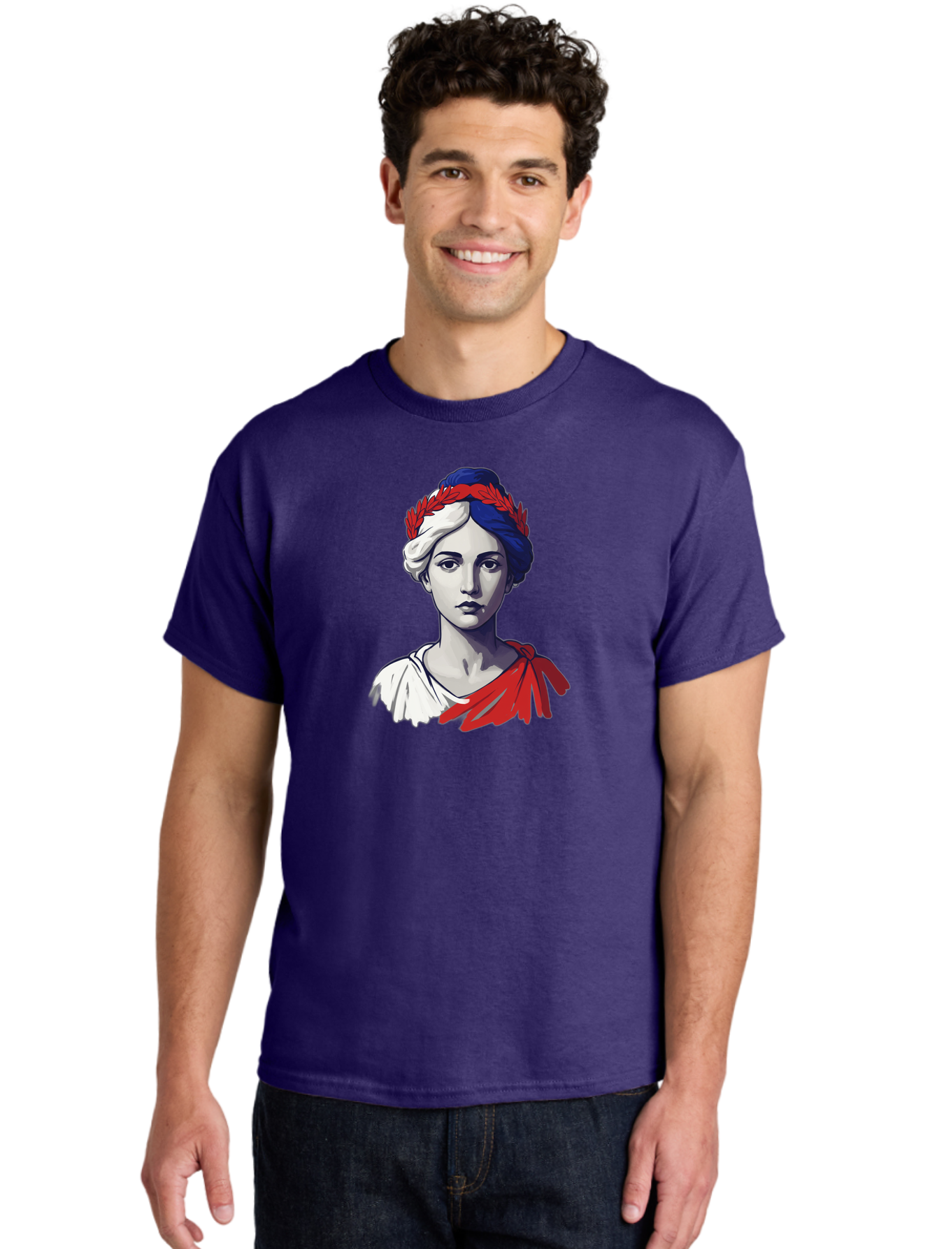 Marianne Men'S Graphic Tee, 100% Cotton, Comfortable Casual Summer Wear, Machine Washable, Woman Wearing Red Laurel Wreath, Red Ribbon, French Flag Colors, Symbolic Figure, National Personification, Liberty, French Culture, Classic Portrait, Bad299
