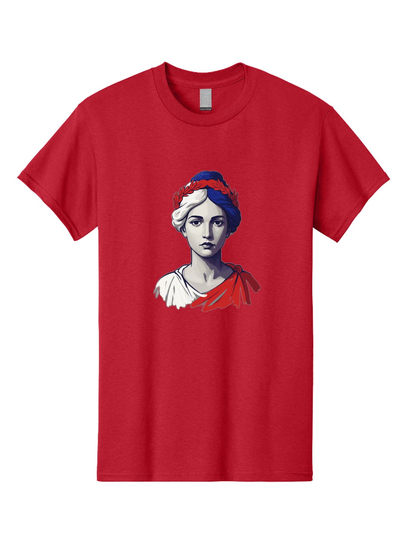 Marianne Men'S Graphic Tee, 100% Cotton, Comfortable Casual Summer Wear, Machine Washable, Woman Wearing Red Laurel Wreath, Red Ribbon, French Flag Colors, Symbolic Figure, National Personification, Liberty, French Culture, Classic Portrait, Bad299