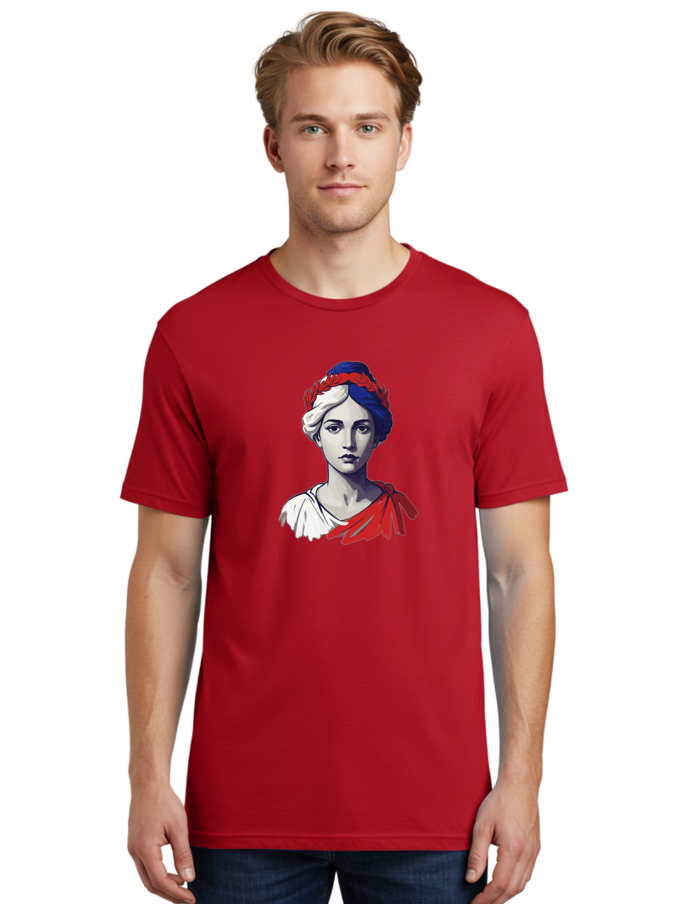 Marianne Men'S Graphic Tee, 100% Cotton, Comfortable Casual Summer Wear, Machine Washable, Woman Wearing Red Laurel Wreath, Red Ribbon, French Flag Colors, Symbolic Figure, National Personification, Liberty, French Culture, Classic Portrait, Bad299