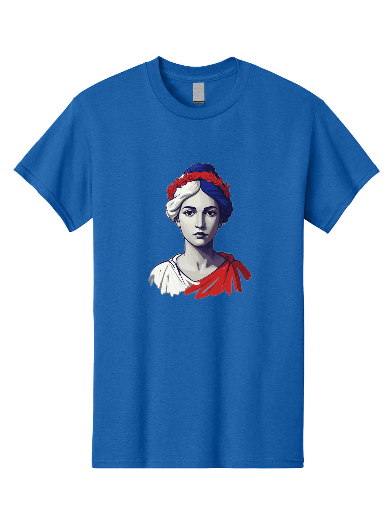 Marianne Men'S Graphic Tee, 100% Cotton, Comfortable Casual Summer Wear, Machine Washable, Woman Wearing Red Laurel Wreath, Red Ribbon, French Flag Colors, Symbolic Figure, National Personification, Liberty, French Culture, Classic Portrait, Bad299