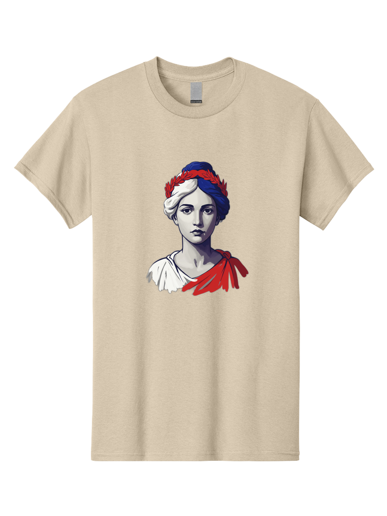 Marianne Men'S Graphic Tee, 100% Cotton, Comfortable Casual Summer Wear, Machine Washable, Woman Wearing Red Laurel Wreath, Red Ribbon, French Flag Colors, Symbolic Figure, National Personification, Liberty, French Culture, Classic Portrait, Bad299