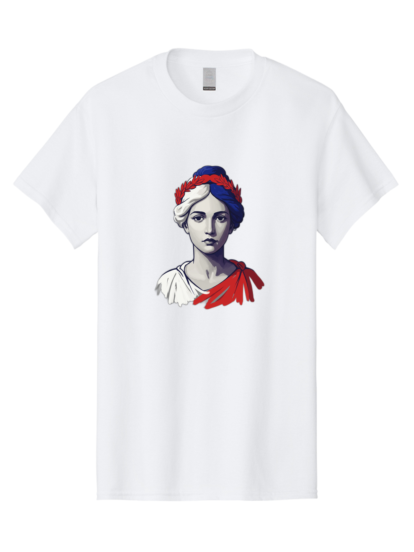 Marianne Men'S Graphic Tee, 100% Cotton, Comfortable Casual Summer Wear, Machine Washable, Woman Wearing Red Laurel Wreath, Red Ribbon, French Flag Colors, Symbolic Figure, National Personification, Liberty, French Culture, Classic Portrait, Bad299