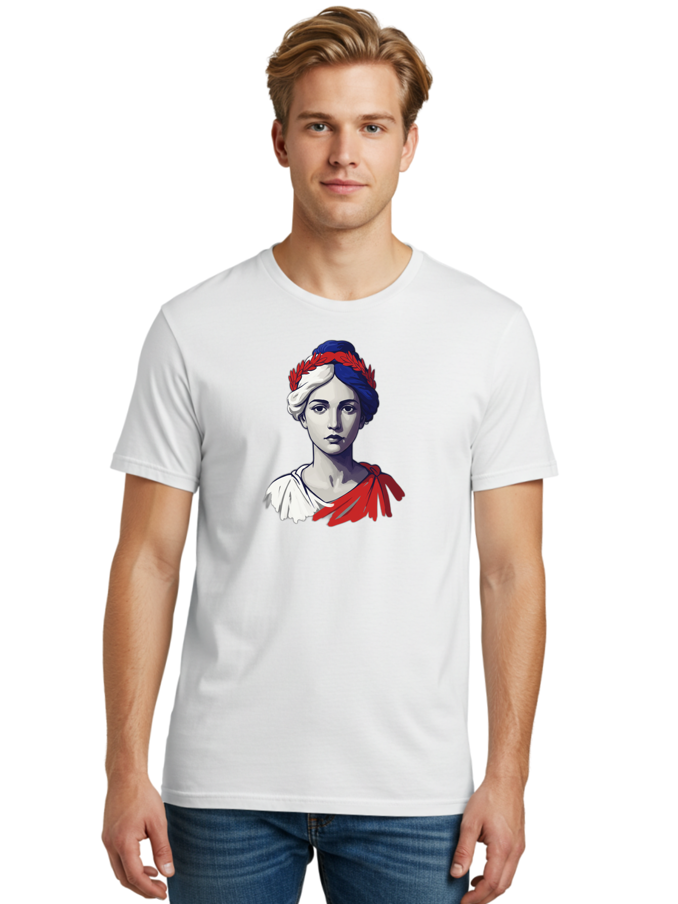 Marianne Men'S Graphic Tee, 100% Cotton, Comfortable Casual Summer Wear, Machine Washable, Woman Wearing Red Laurel Wreath, Red Ribbon, French Flag Colors, Symbolic Figure, National Personification, Liberty, French Culture, Classic Portrait, Bad299