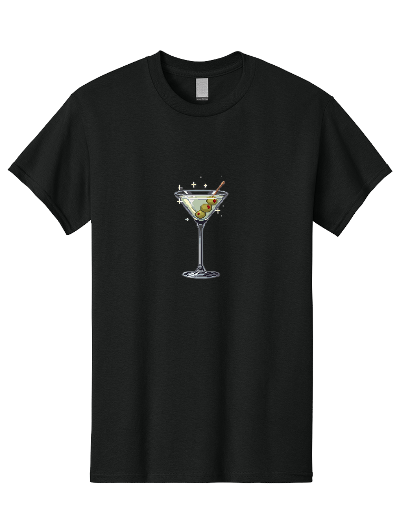 Martini-Glass-1 Men'S Graphic Tee, 100% Cotton, Comfortable Casual Summer Wear, Machine Washable, Martini Glass, Cocktail, 8-Bit Art, Retro Video Game, Olives, Red Pimentos, Pixelated Design, Barware, Cocktail Party, Fun Night Bad301