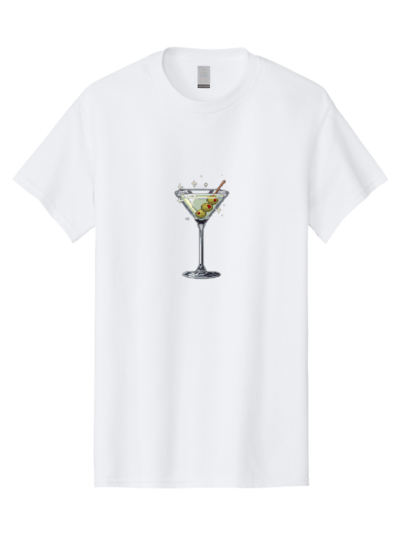 Martini-Glass-1 Men'S Graphic Tee, 100% Cotton, Comfortable Casual Summer Wear, Machine Washable, Martini Glass, Cocktail, 8-Bit Art, Retro Video Game, Olives, Red Pimentos, Pixelated Design, Barware, Cocktail Party, Fun Night Bad301