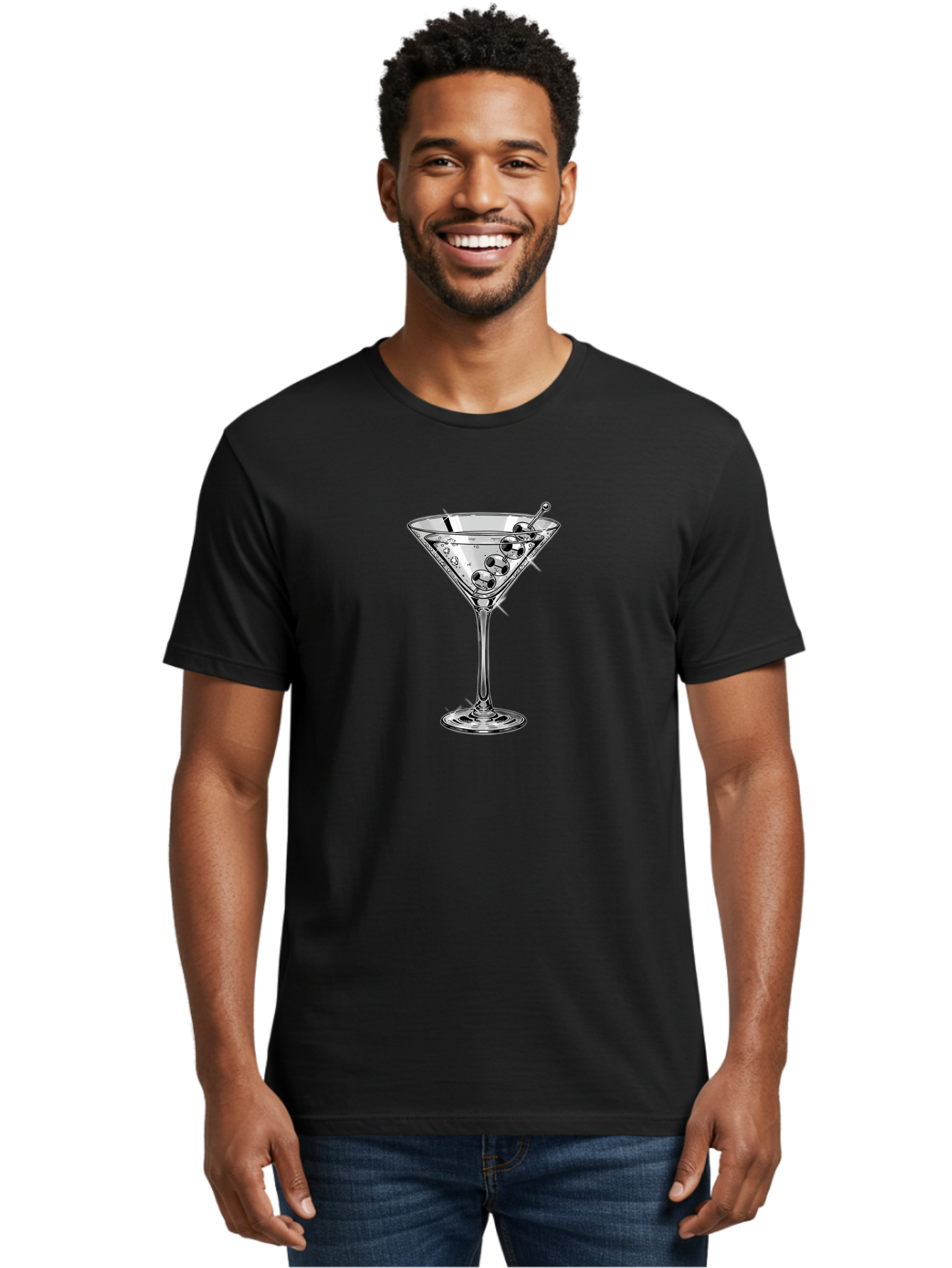 Martini-Glass-2 Men'S Graphic Tee, 100% Cotton, Comfortable Casual Summer Wear, Machine Washable, Martini Glass, Cocktail, Olives, Clear Drink, Glassware, Elegant, Sophisticated, Luxury, Bars, Nightlife, Mixology Bad302