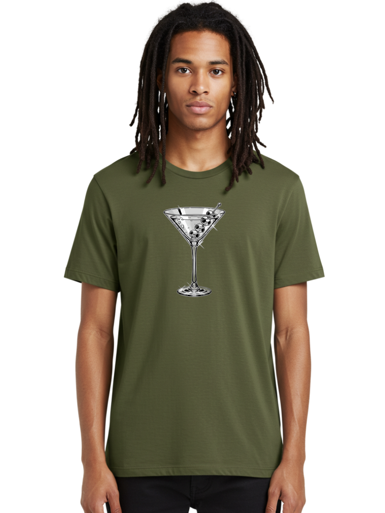 Martini-Glass-2 Men'S Graphic Tee, 100% Cotton, Comfortable Casual Summer Wear, Machine Washable, Martini Glass, Cocktail, Olives, Clear Drink, Glassware, Elegant, Sophisticated, Luxury, Bars, Nightlife, Mixology Bad302