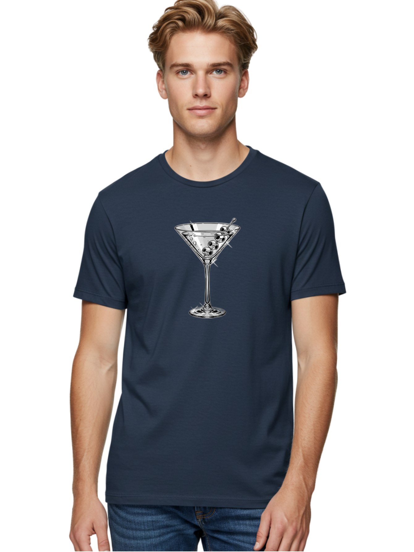 Martini-Glass-2 Men'S Graphic Tee, 100% Cotton, Comfortable Casual Summer Wear, Machine Washable, Martini Glass, Cocktail, Olives, Clear Drink, Glassware, Elegant, Sophisticated, Luxury, Bars, Nightlife, Mixology Bad302