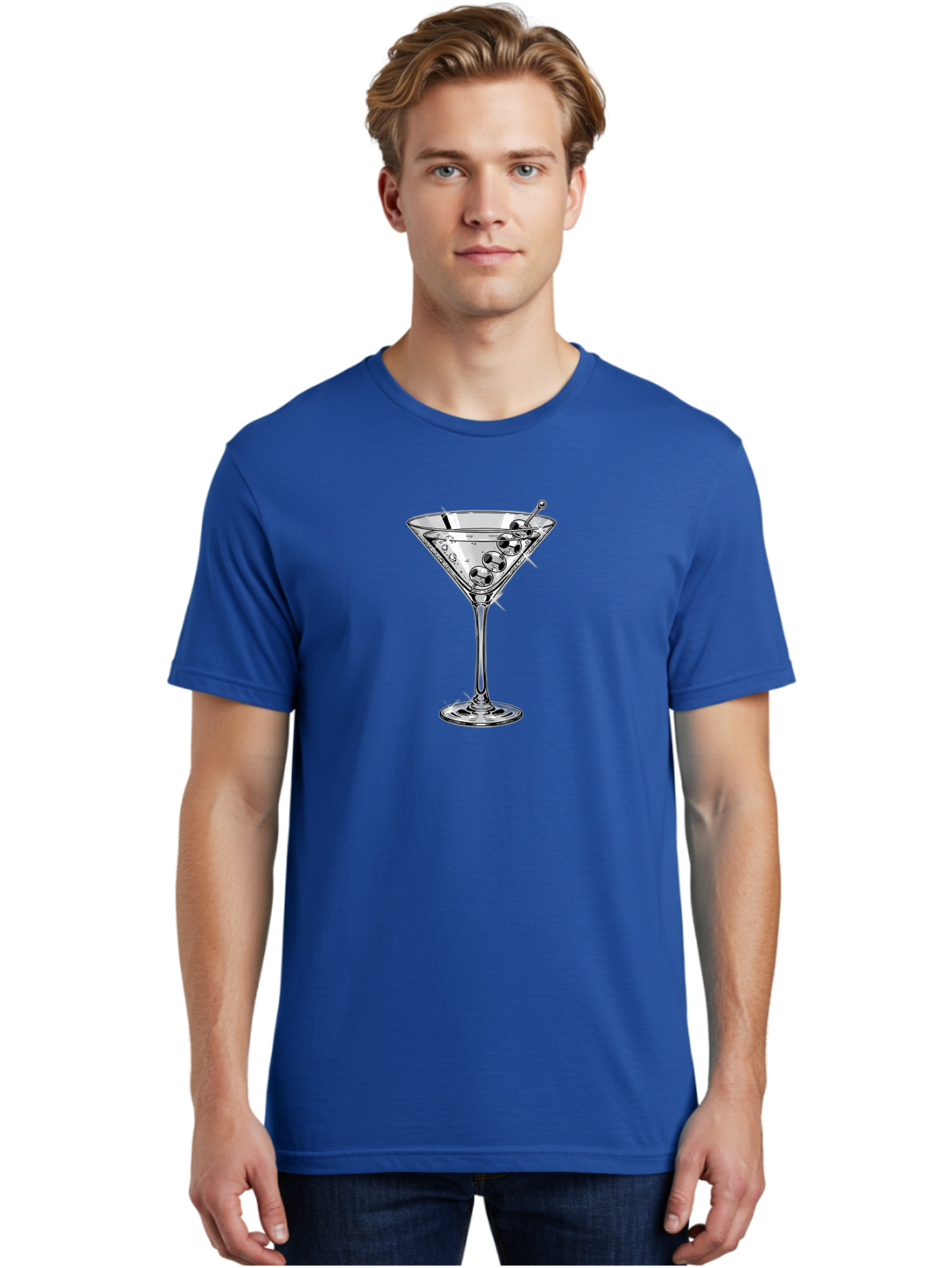 Martini-Glass-2 Men'S Graphic Tee, 100% Cotton, Comfortable Casual Summer Wear, Machine Washable, Martini Glass, Cocktail, Olives, Clear Drink, Glassware, Elegant, Sophisticated, Luxury, Bars, Nightlife, Mixology Bad302