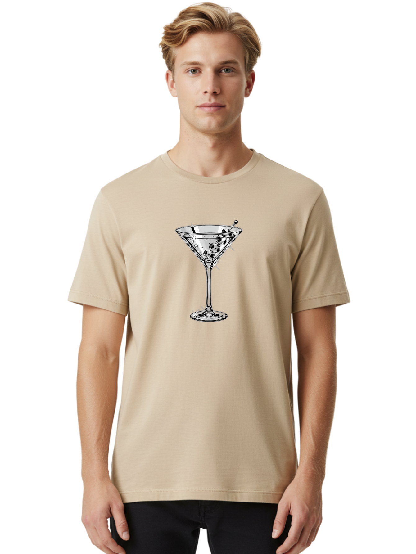Martini-Glass-2 Men'S Graphic Tee, 100% Cotton, Comfortable Casual Summer Wear, Machine Washable, Martini Glass, Cocktail, Olives, Clear Drink, Glassware, Elegant, Sophisticated, Luxury, Bars, Nightlife, Mixology Bad302
