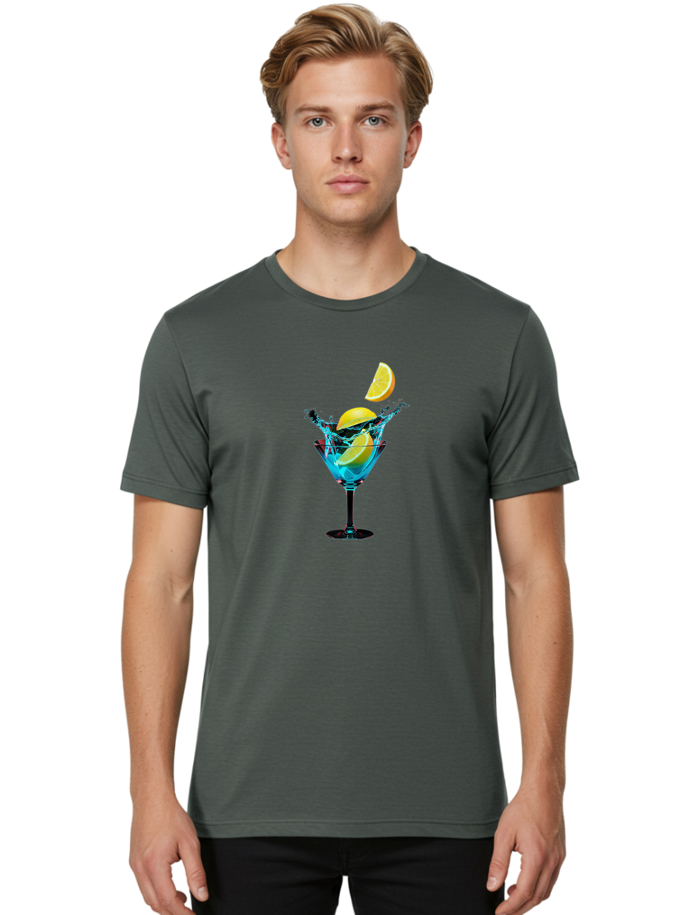 Martini-Glass-With-Lemon-Splash Men'S Graphic Tee, 100% Cotton, Comfortable Casual Summer Wear, Machine Washable, Martini Glass, Citrus Slice, Splash Effect, Refreshing Drink, Citrusy Flavor, Cocktail Hour, Citrus Twist, Blue Liquid Bad304