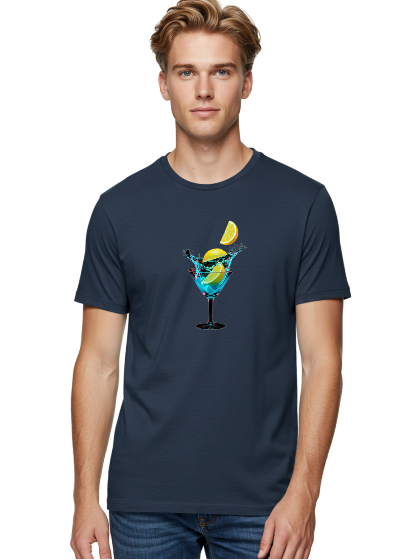 Martini-Glass-With-Lemon-Splash Men'S Graphic Tee, 100% Cotton, Comfortable Casual Summer Wear, Machine Washable, Martini Glass, Citrus Slice, Splash Effect, Refreshing Drink, Citrusy Flavor, Cocktail Hour, Citrus Twist, Blue Liquid Bad304