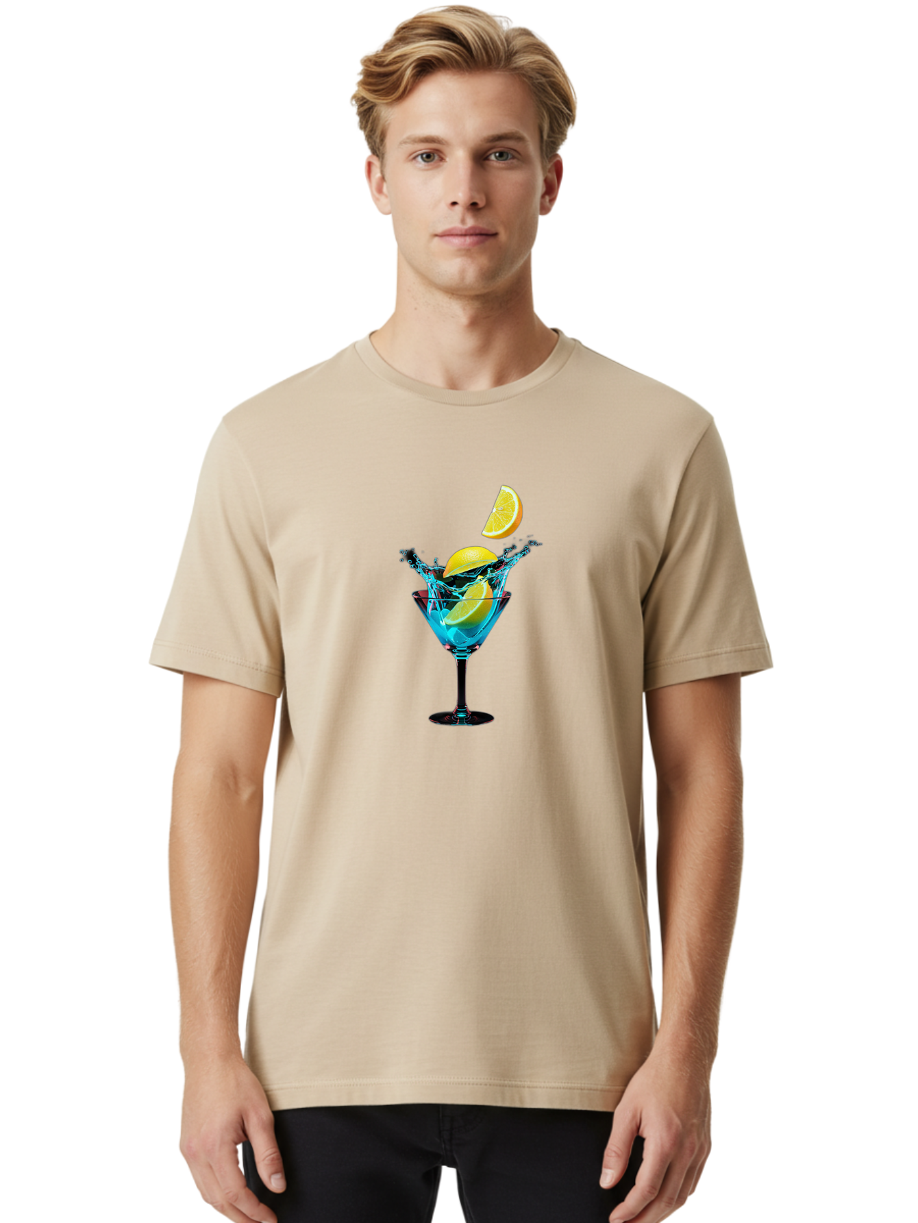 Martini-Glass-With-Lemon-Splash Men'S Graphic Tee, 100% Cotton, Comfortable Casual Summer Wear, Machine Washable, Martini Glass, Citrus Slice, Splash Effect, Refreshing Drink, Citrusy Flavor, Cocktail Hour, Citrus Twist, Blue Liquid Bad304