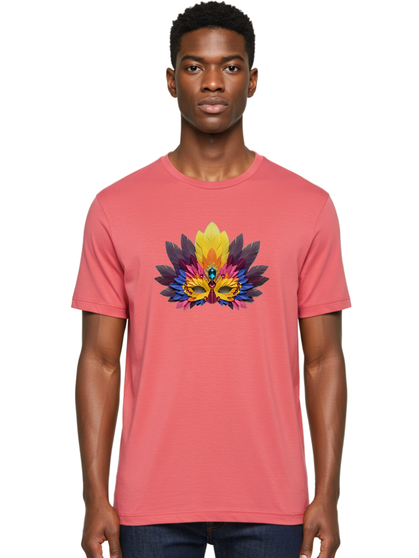 Masquerade-Mask-1 Men'S Graphic Tee, 100% Cotton, Comfortable Casual Summer Wear, Machine Washable, Feathered Mask, Vibrant Colors, Colorful Feathers, Gemstone Decoration, Elegant Design, Mardi Gras, Carnival Mask, Festive Accessory, Bad307