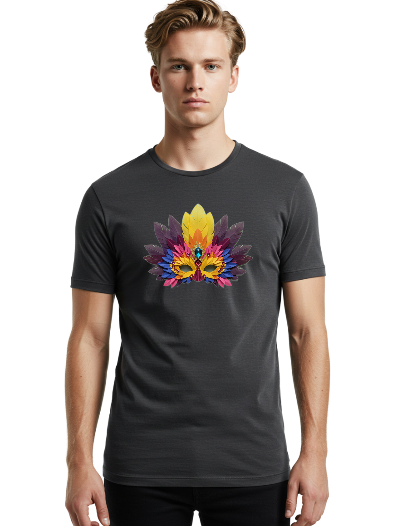 Masquerade-Mask-1 Men'S Graphic Tee, 100% Cotton, Comfortable Casual Summer Wear, Machine Washable, Feathered Mask, Vibrant Colors, Colorful Feathers, Gemstone Decoration, Elegant Design, Mardi Gras, Carnival Mask, Festive Accessory, Bad307
