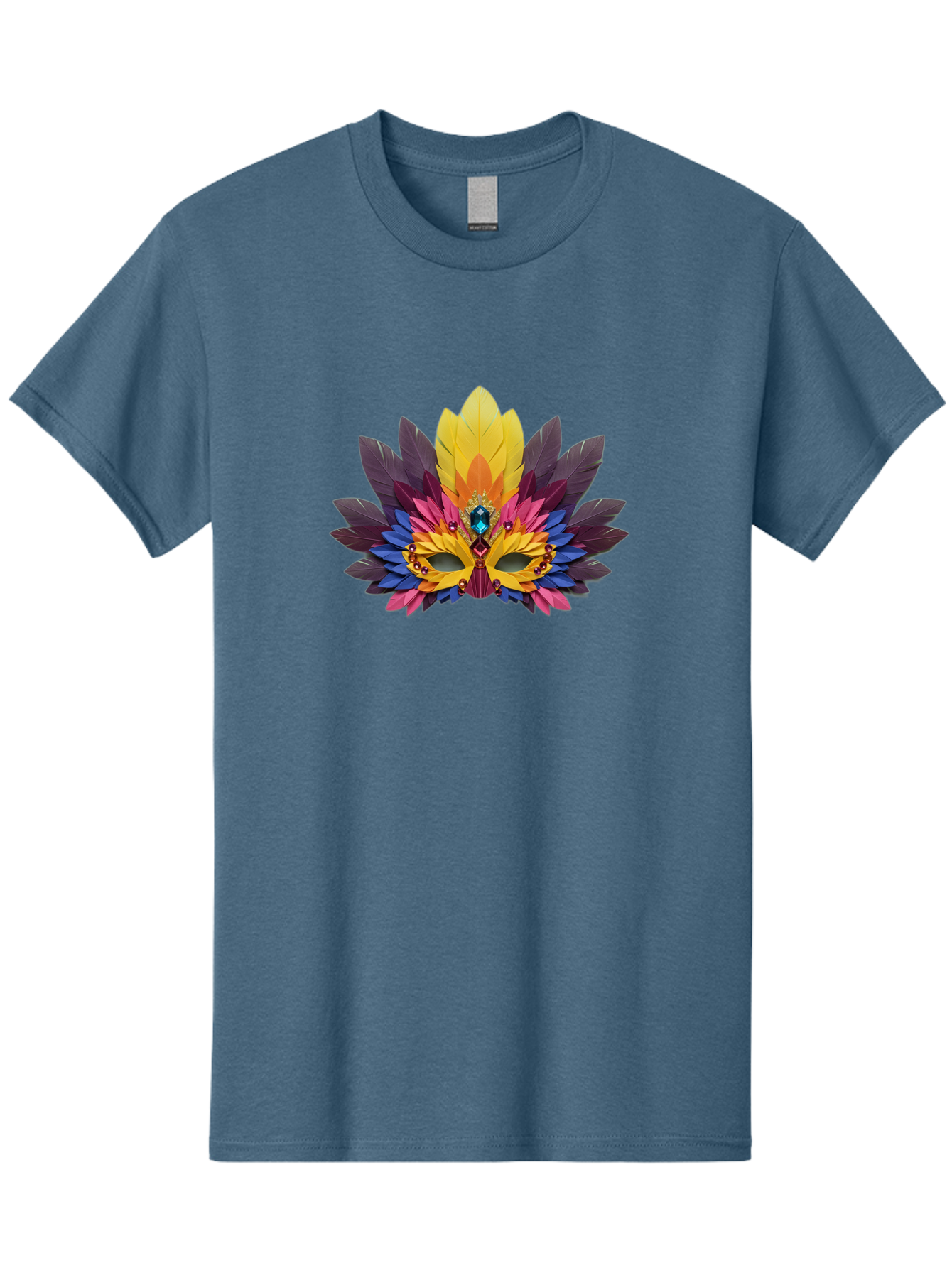 Masquerade-Mask-1 Men'S Graphic Tee, 100% Cotton, Comfortable Casual Summer Wear, Machine Washable, Feathered Mask, Vibrant Colors, Colorful Feathers, Gemstone Decoration, Elegant Design, Mardi Gras, Carnival Mask, Festive Accessory, Bad307