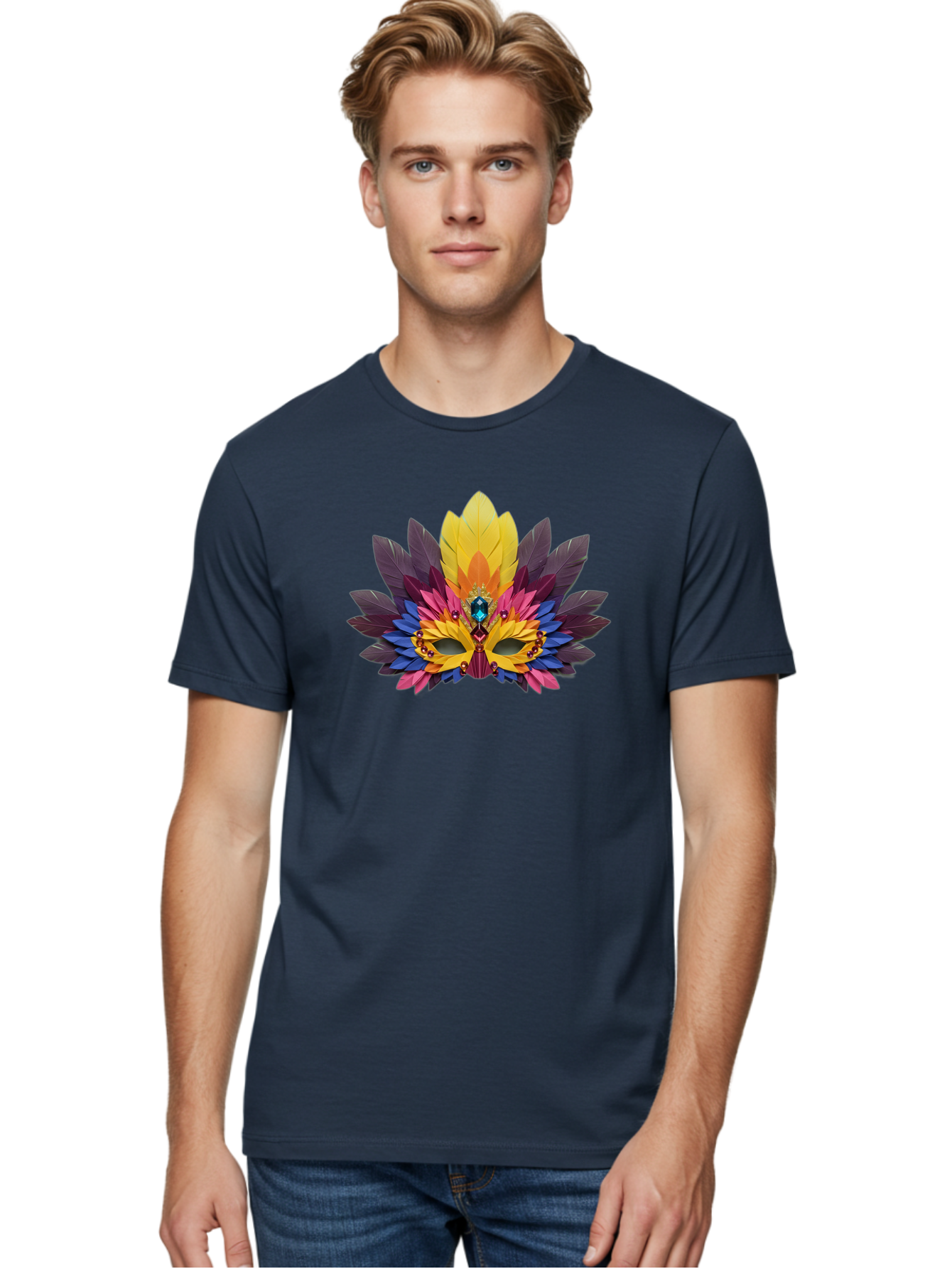 Masquerade-Mask-1 Men'S Graphic Tee, 100% Cotton, Comfortable Casual Summer Wear, Machine Washable, Feathered Mask, Vibrant Colors, Colorful Feathers, Gemstone Decoration, Elegant Design, Mardi Gras, Carnival Mask, Festive Accessory, Bad307
