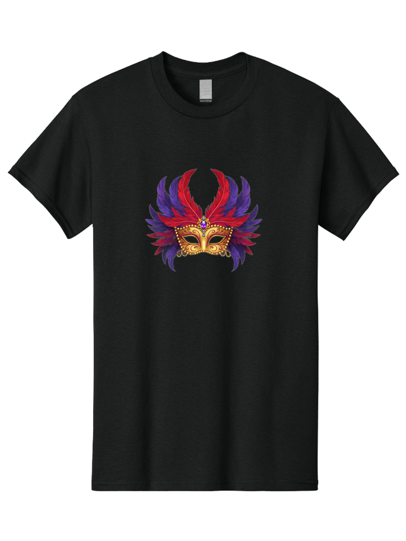 Masquerade-Mask Men'S Graphic Tee, 100% Cotton, Comfortable Casual Summer Wear, Machine Washable, Masquerade Ball Mask, Venetian Mask, Feathered Mask, Gold Mask, Purple Gemstone, Red And Purple Feathers, Mardi Gras Mask, Carnival Mask, Bad308