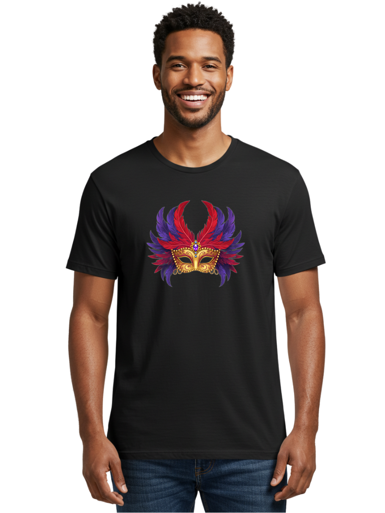 Masquerade-Mask Men'S Graphic Tee, 100% Cotton, Comfortable Casual Summer Wear, Machine Washable, Masquerade Ball Mask, Venetian Mask, Feathered Mask, Gold Mask, Purple Gemstone, Red And Purple Feathers, Mardi Gras Mask, Carnival Mask, Bad308