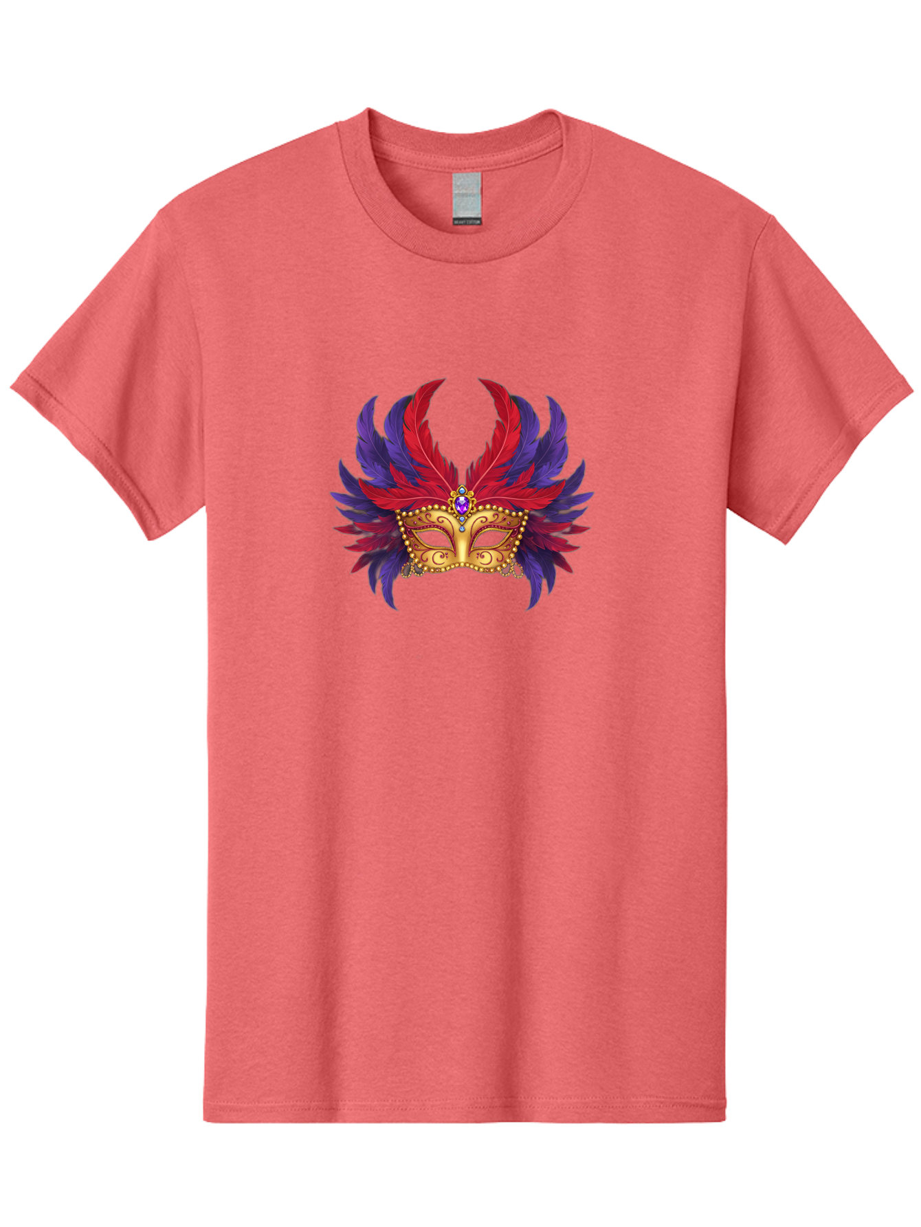 Masquerade-Mask Men'S Graphic Tee, 100% Cotton, Comfortable Casual Summer Wear, Machine Washable, Masquerade Ball Mask, Venetian Mask, Feathered Mask, Gold Mask, Purple Gemstone, Red And Purple Feathers, Mardi Gras Mask, Carnival Mask, Bad308