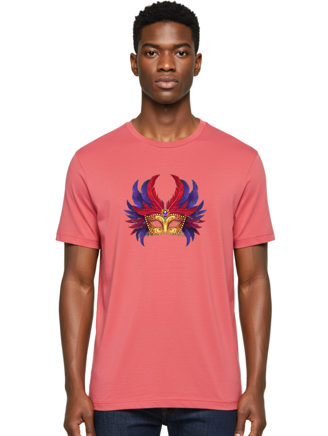 Masquerade-Mask Men'S Graphic Tee, 100% Cotton, Comfortable Casual Summer Wear, Machine Washable, Masquerade Ball Mask, Venetian Mask, Feathered Mask, Gold Mask, Purple Gemstone, Red And Purple Feathers, Mardi Gras Mask, Carnival Mask, Bad308