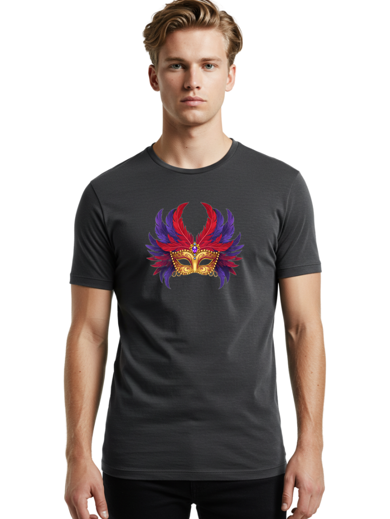 Masquerade-Mask Men'S Graphic Tee, 100% Cotton, Comfortable Casual Summer Wear, Machine Washable, Masquerade Ball Mask, Venetian Mask, Feathered Mask, Gold Mask, Purple Gemstone, Red And Purple Feathers, Mardi Gras Mask, Carnival Mask, Bad308