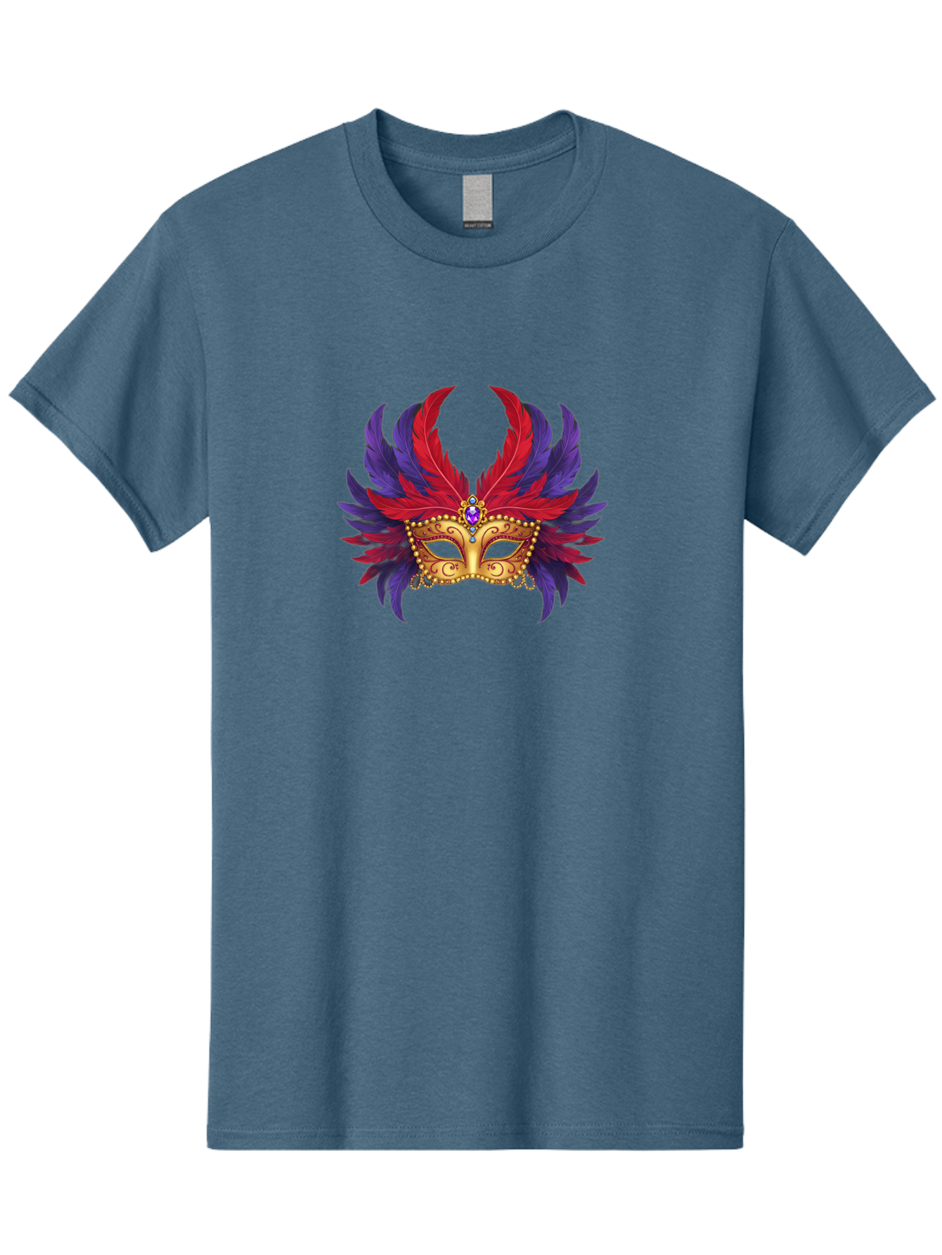 Masquerade-Mask Men'S Graphic Tee, 100% Cotton, Comfortable Casual Summer Wear, Machine Washable, Masquerade Ball Mask, Venetian Mask, Feathered Mask, Gold Mask, Purple Gemstone, Red And Purple Feathers, Mardi Gras Mask, Carnival Mask, Bad308