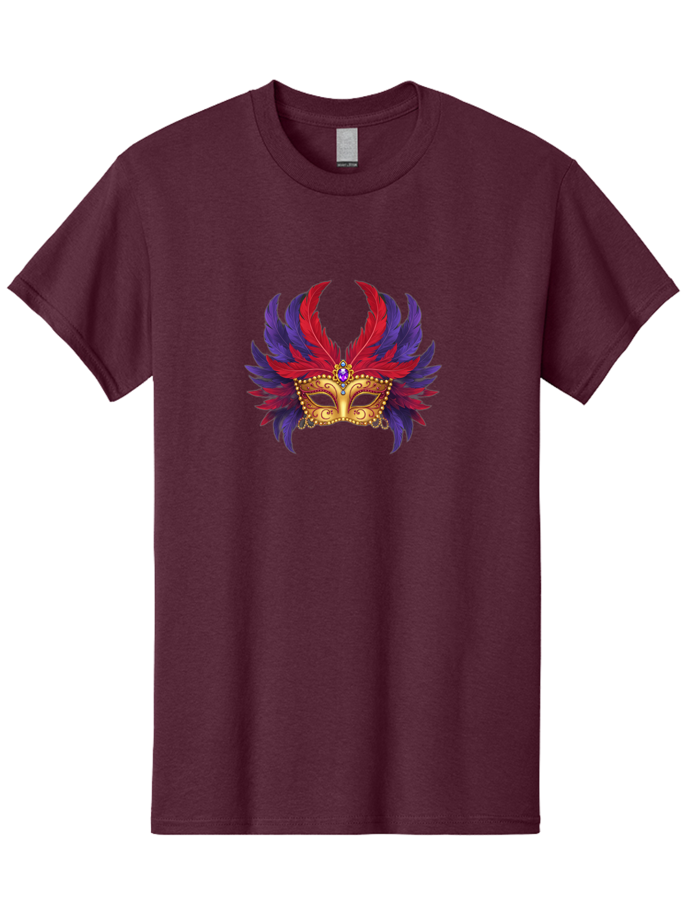 Masquerade-Mask Men'S Graphic Tee, 100% Cotton, Comfortable Casual Summer Wear, Machine Washable, Masquerade Ball Mask, Venetian Mask, Feathered Mask, Gold Mask, Purple Gemstone, Red And Purple Feathers, Mardi Gras Mask, Carnival Mask, Bad308