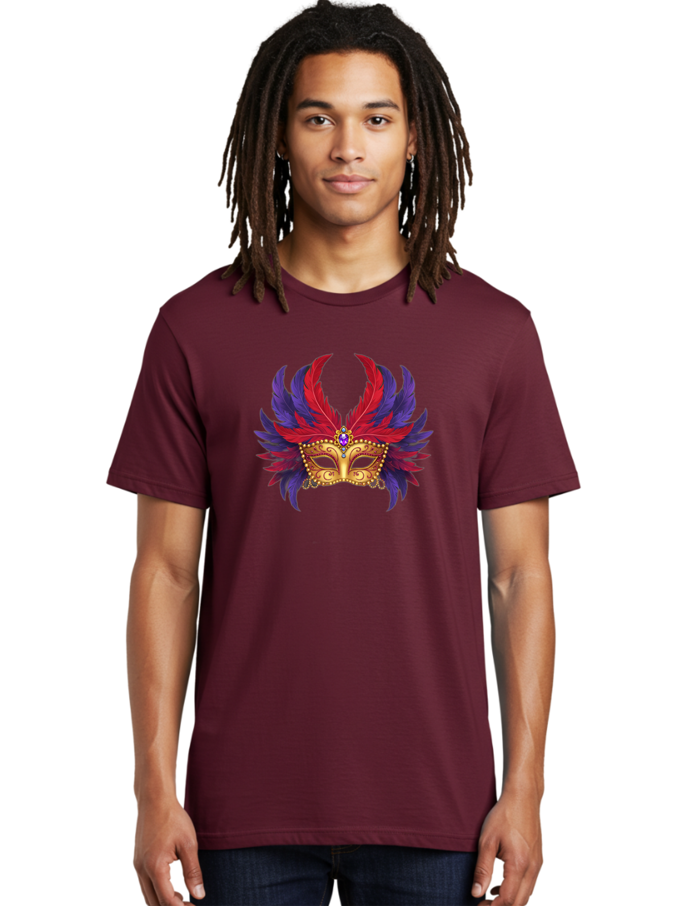 Masquerade-Mask Men'S Graphic Tee, 100% Cotton, Comfortable Casual Summer Wear, Machine Washable, Masquerade Ball Mask, Venetian Mask, Feathered Mask, Gold Mask, Purple Gemstone, Red And Purple Feathers, Mardi Gras Mask, Carnival Mask, Bad308