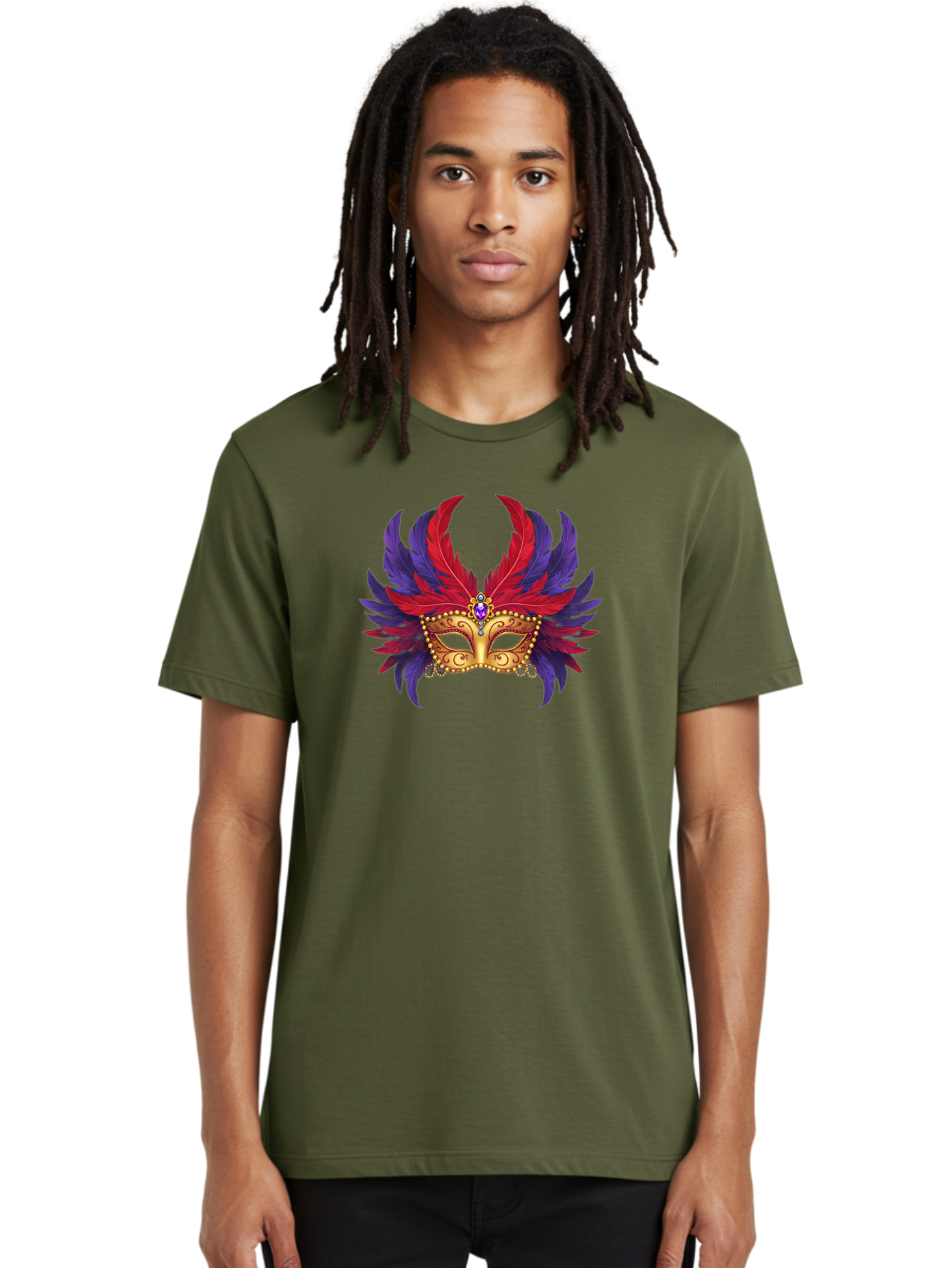 Masquerade-Mask Men'S Graphic Tee, 100% Cotton, Comfortable Casual Summer Wear, Machine Washable, Masquerade Ball Mask, Venetian Mask, Feathered Mask, Gold Mask, Purple Gemstone, Red And Purple Feathers, Mardi Gras Mask, Carnival Mask, Bad308