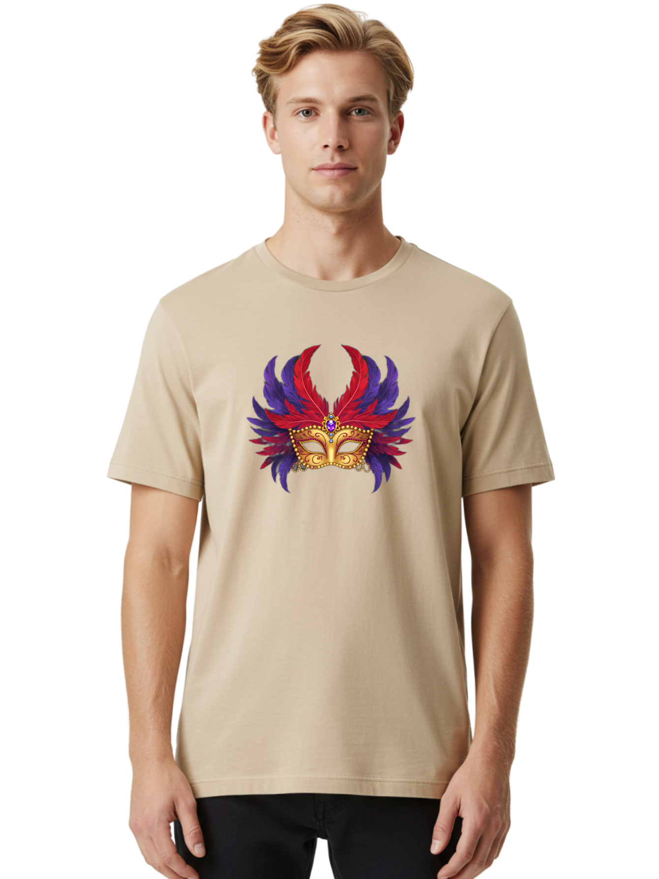 Masquerade-Mask Men'S Graphic Tee, 100% Cotton, Comfortable Casual Summer Wear, Machine Washable, Masquerade Ball Mask, Venetian Mask, Feathered Mask, Gold Mask, Purple Gemstone, Red And Purple Feathers, Mardi Gras Mask, Carnival Mask, Bad308