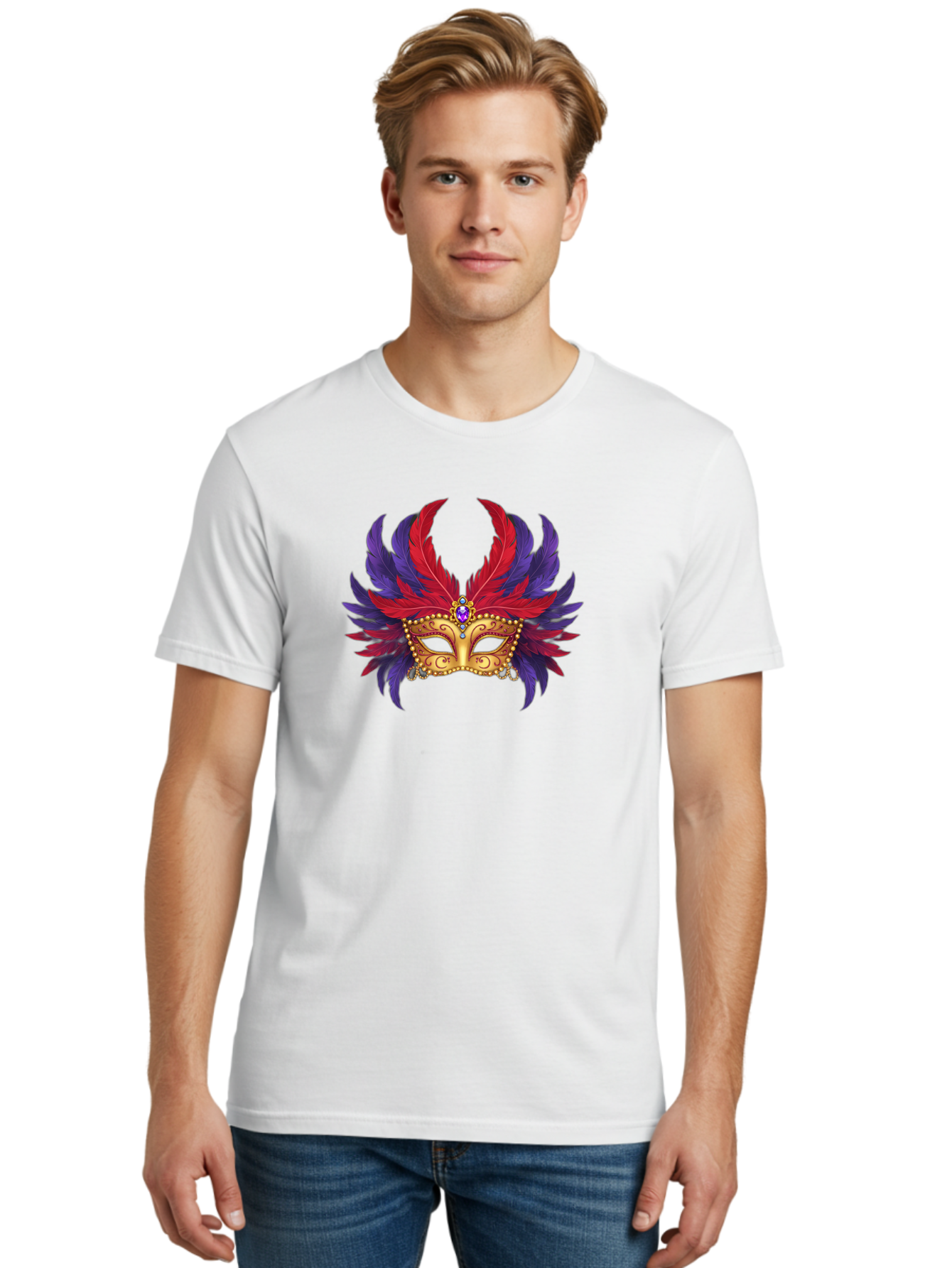Masquerade-Mask Men'S Graphic Tee, 100% Cotton, Comfortable Casual Summer Wear, Machine Washable, Masquerade Ball Mask, Venetian Mask, Feathered Mask, Gold Mask, Purple Gemstone, Red And Purple Feathers, Mardi Gras Mask, Carnival Mask, Bad308