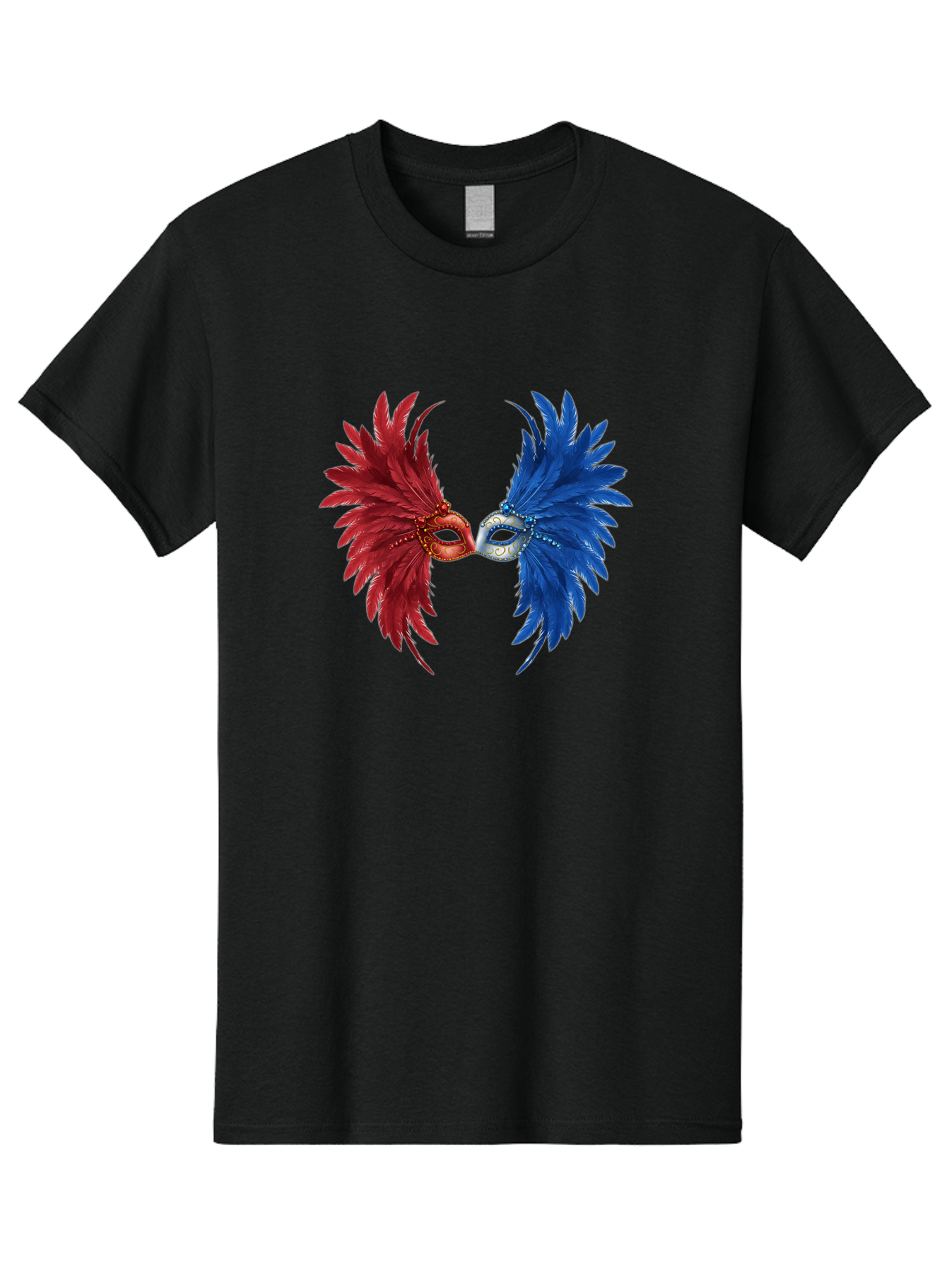 Masquerade-Masks Men'S Graphic Tee, 100% Cotton, Comfortable Casual Summer Wear, Machine Washable, Masquerade Masks, Red And Blue Feathers, Decorative Mask, Kiss, Carnival Celebration, Festive Atmosphere, Party Accessories, Costume Jewelry, Bad309