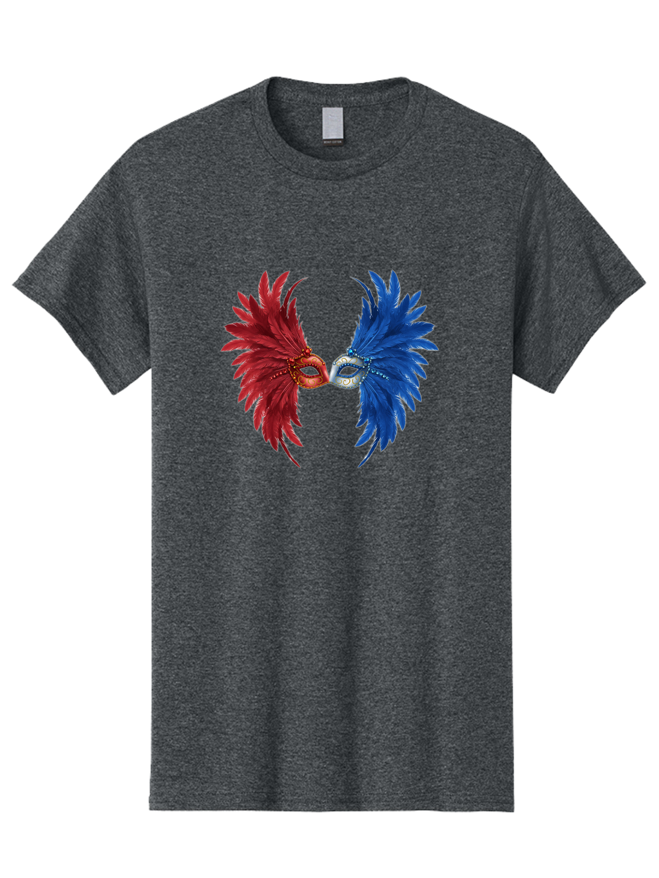Masquerade-Masks Men'S Graphic Tee, 100% Cotton, Comfortable Casual Summer Wear, Machine Washable, Masquerade Masks, Red And Blue Feathers, Decorative Mask, Kiss, Carnival Celebration, Festive Atmosphere, Party Accessories, Costume Jewelry, Bad309