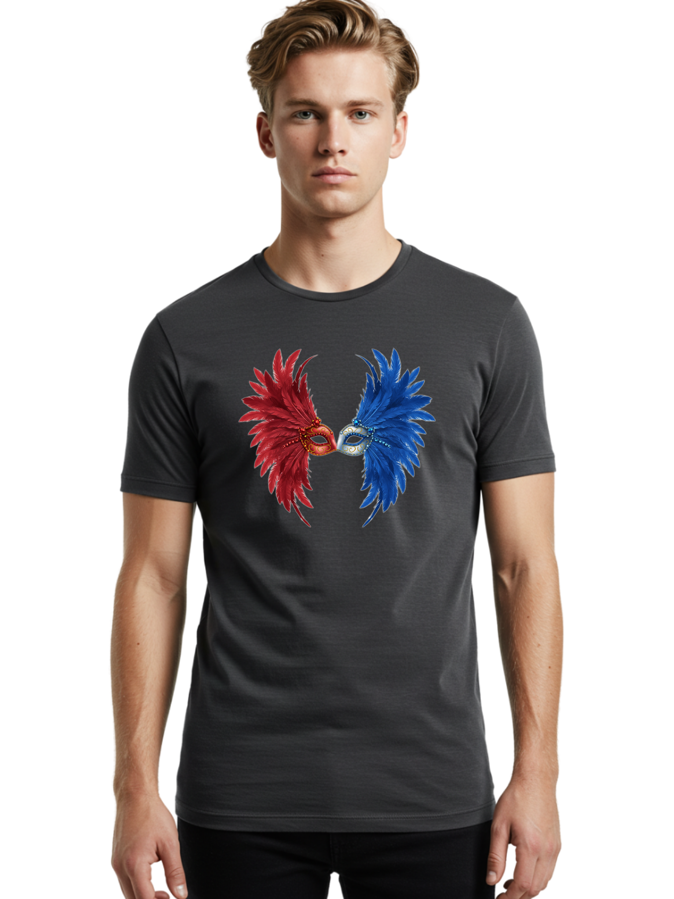 Masquerade-Masks Men'S Graphic Tee, 100% Cotton, Comfortable Casual Summer Wear, Machine Washable, Masquerade Masks, Red And Blue Feathers, Decorative Mask, Kiss, Carnival Celebration, Festive Atmosphere, Party Accessories, Costume Jewelry, Bad309