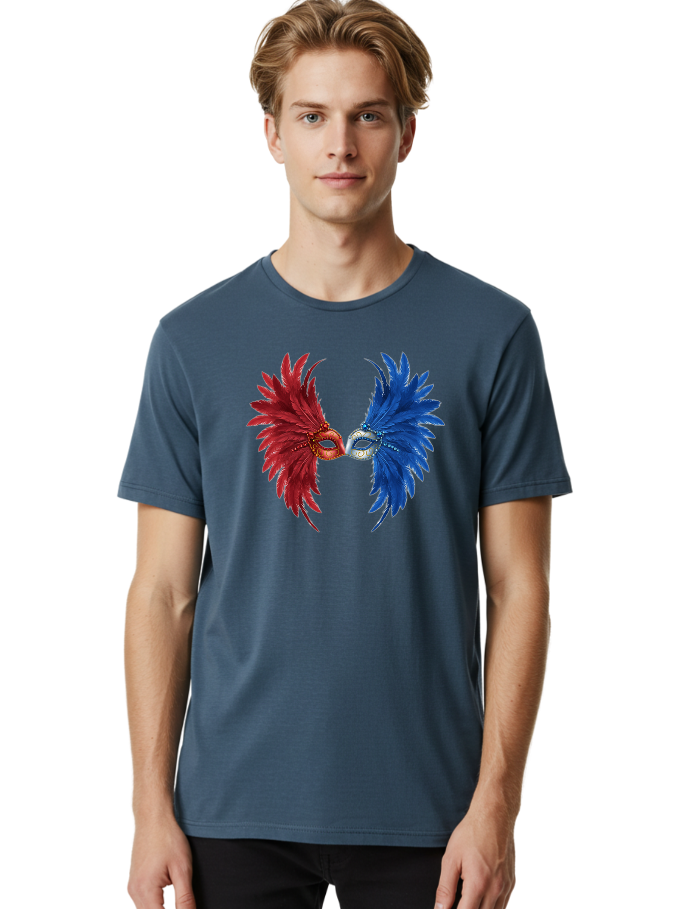 Masquerade-Masks Men'S Graphic Tee, 100% Cotton, Comfortable Casual Summer Wear, Machine Washable, Masquerade Masks, Red And Blue Feathers, Decorative Mask, Kiss, Carnival Celebration, Festive Atmosphere, Party Accessories, Costume Jewelry, Bad309