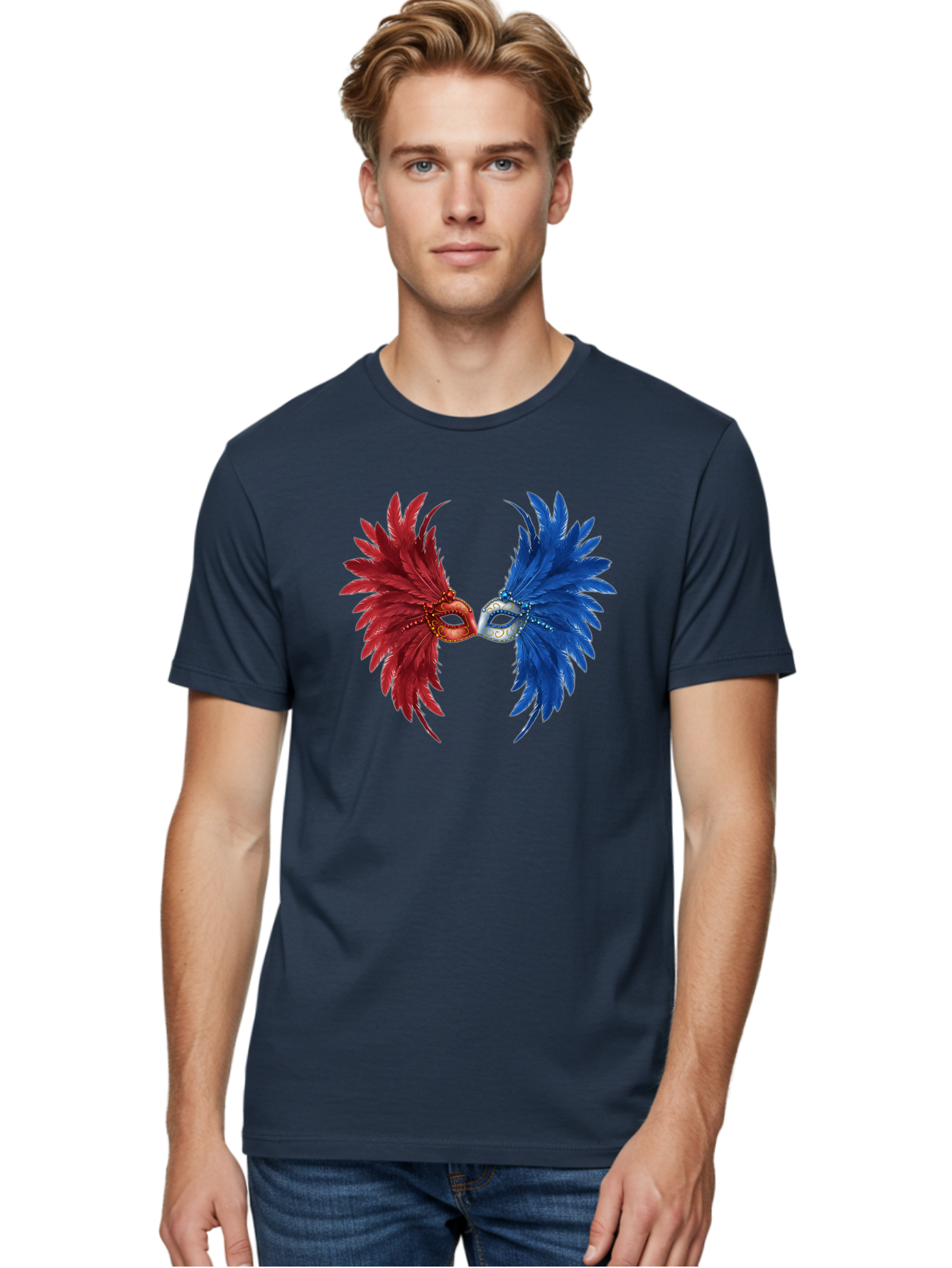 Masquerade-Masks Men'S Graphic Tee, 100% Cotton, Comfortable Casual Summer Wear, Machine Washable, Masquerade Masks, Red And Blue Feathers, Decorative Mask, Kiss, Carnival Celebration, Festive Atmosphere, Party Accessories, Costume Jewelry, Bad309