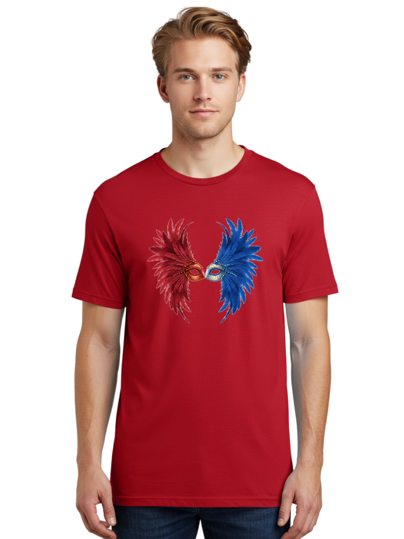 Masquerade-Masks Men'S Graphic Tee, 100% Cotton, Comfortable Casual Summer Wear, Machine Washable, Masquerade Masks, Red And Blue Feathers, Decorative Mask, Kiss, Carnival Celebration, Festive Atmosphere, Party Accessories, Costume Jewelry, Bad309