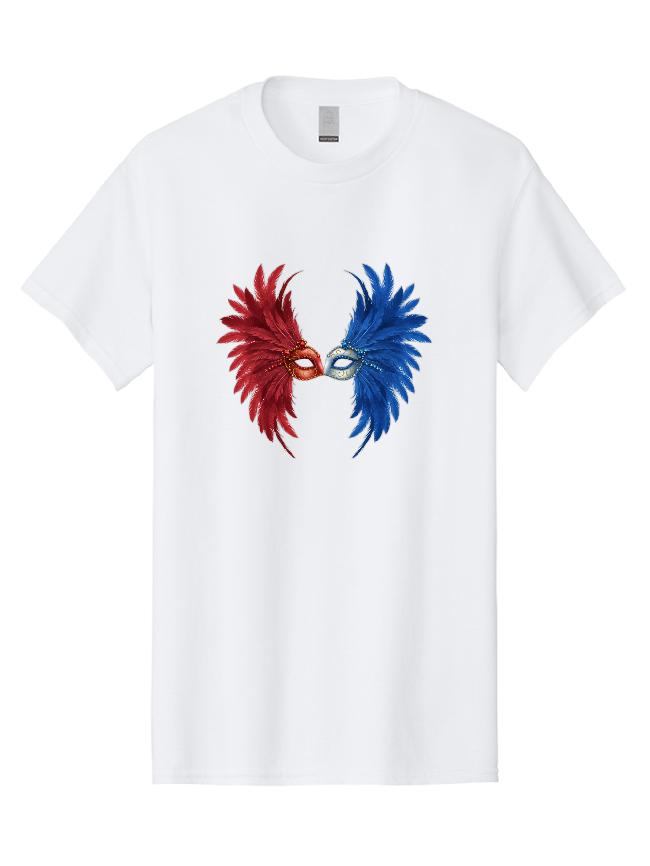 Masquerade-Masks Men'S Graphic Tee, 100% Cotton, Comfortable Casual Summer Wear, Machine Washable, Masquerade Masks, Red And Blue Feathers, Decorative Mask, Kiss, Carnival Celebration, Festive Atmosphere, Party Accessories, Costume Jewelry, Bad309